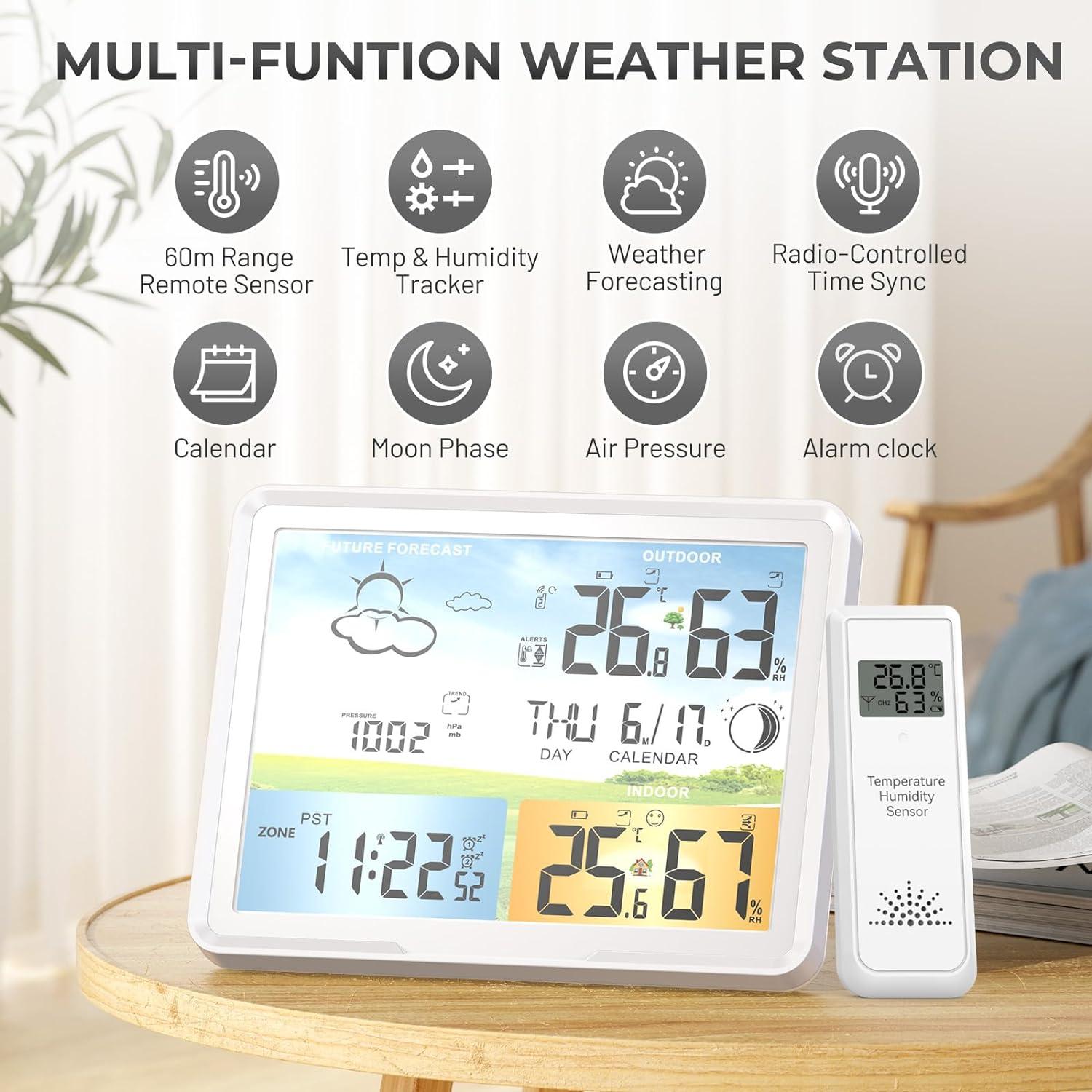 Weather Station Wireless Indoor Outdoor Thermometer, Color Display Digital Thermometer Humidity Monitor with Atomic Clock, Forecast Station with Calendar and Adjustable Backlight for Home