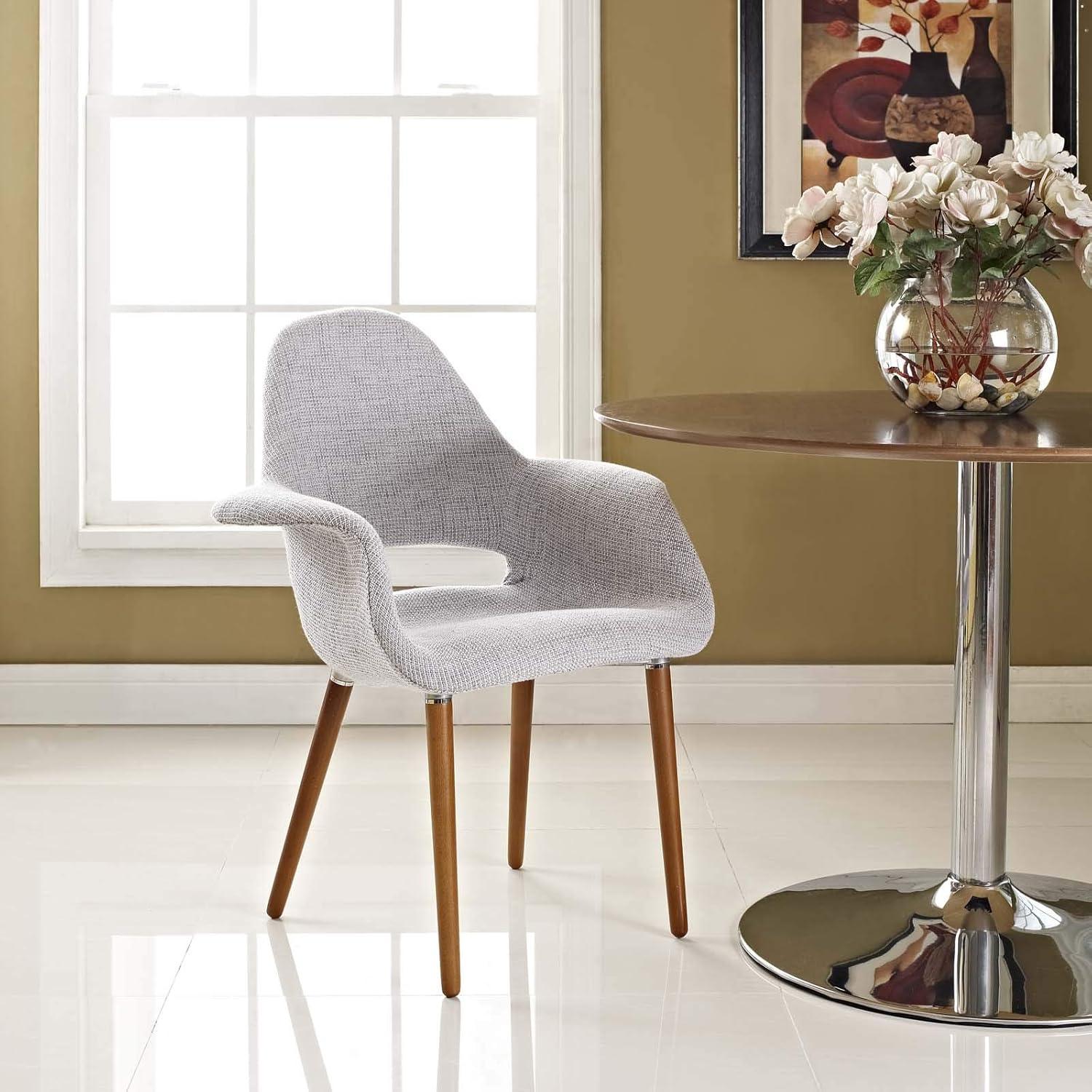 Light Gray Linen Upholstered Arm Chair with Wood Legs