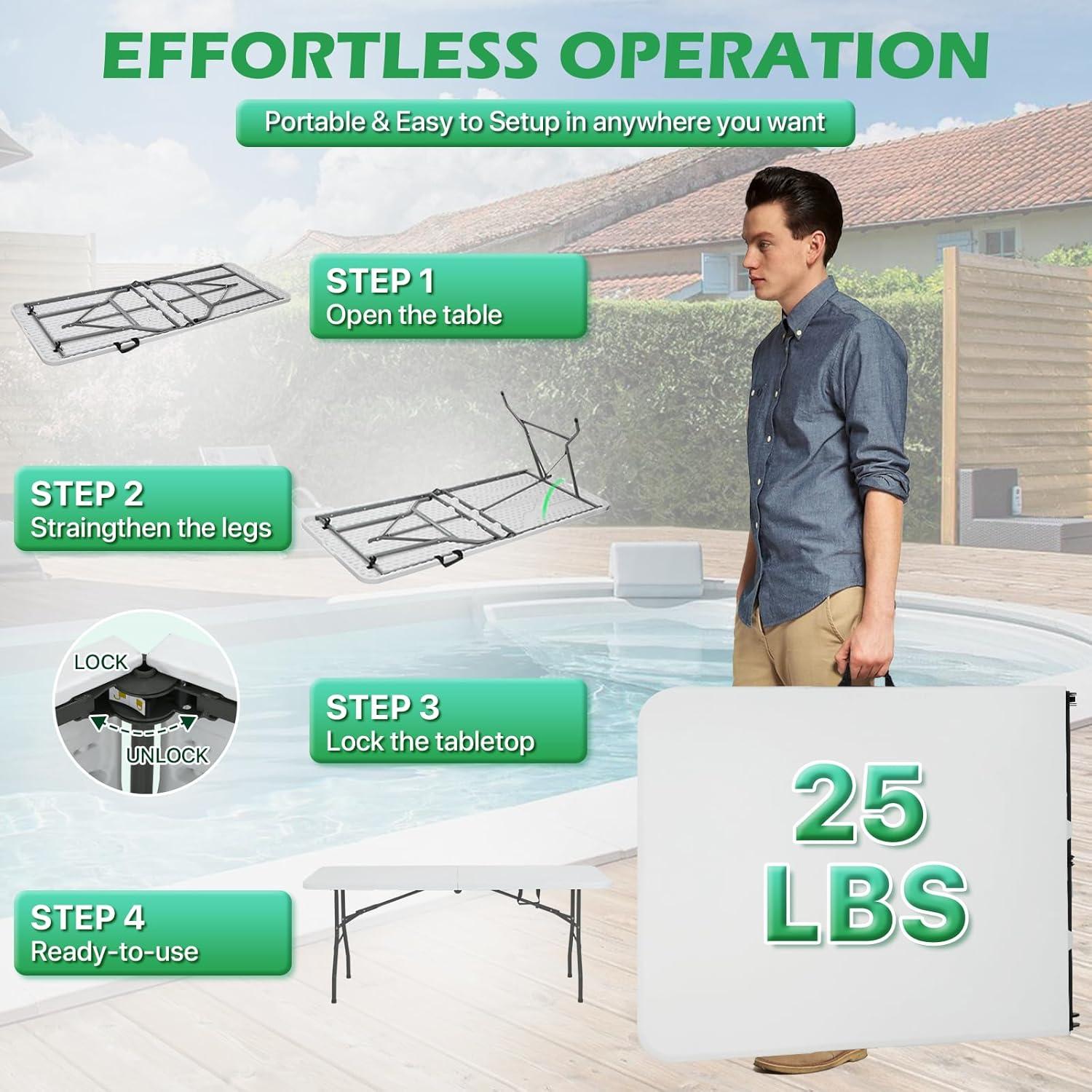 Folding Table 6 Foot,  Heavy-Duty, Portable Plastic Construction with Carrying Handle – Perfect for Picnics, Parties, and Office Indoor Outdoor Use, White