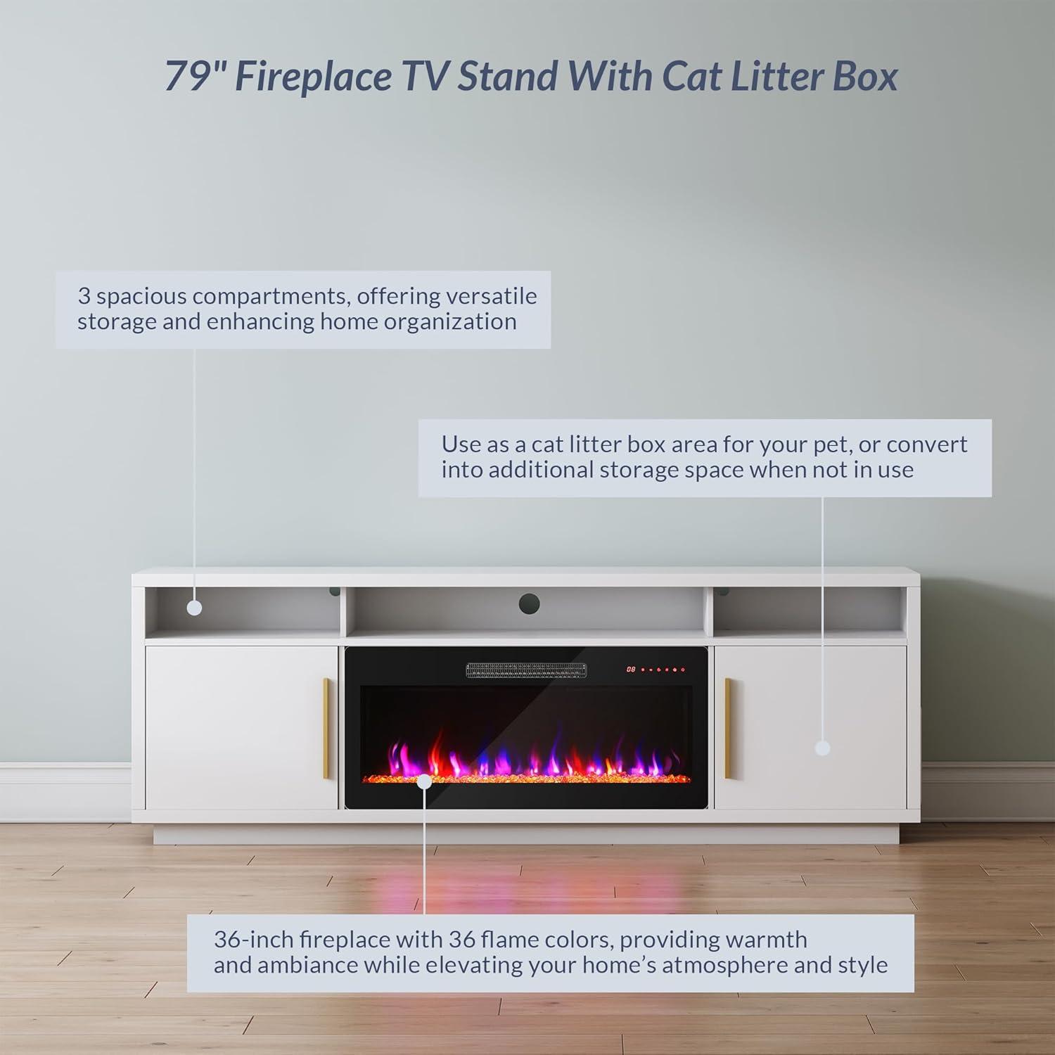 Ivy Bronx Modern 79" Fireplace TV Stand for TVs Up to 85" with Cat Litter Box,LED Light Entertainment Center With 36" Electric Fireplace and Graphene Heating