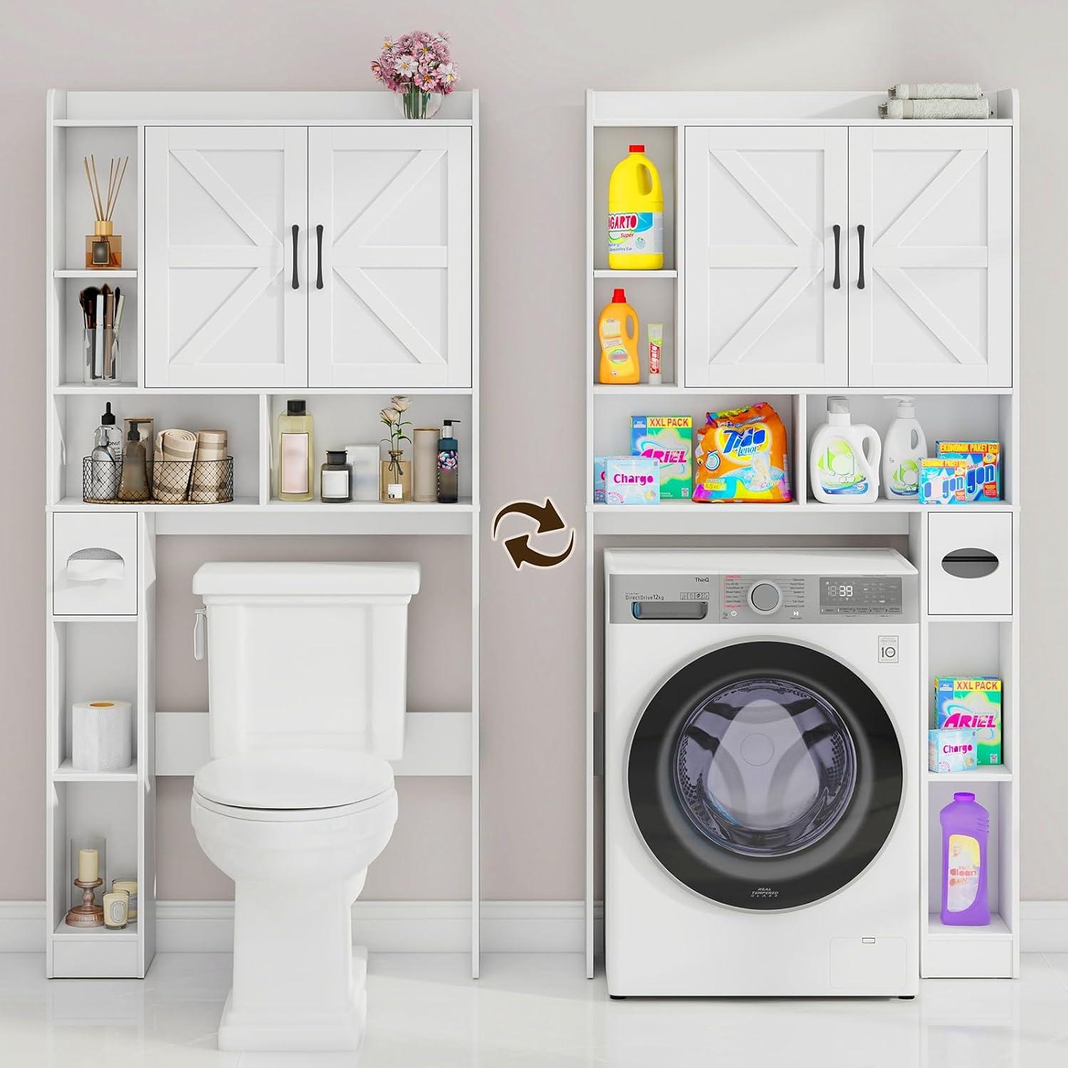 Over The Toilet Storage Cabinet, Farmhouse Storage Cabinet Over Toilet with Sliding Barn Door & Toilet Paper Holder Stand，Home Space-Saving Toilet Rack, for Bathroom, Restroom, Laundry（White）