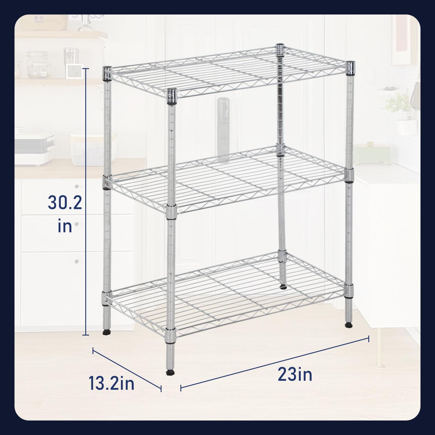 FDW Shelf Shelving Pantry Storage Cabinet Heavy Duty 3 Tier Metal Storage Shelf 450 lbs Total Capacity Adjustable Feet Easy Assembly (Chrome)