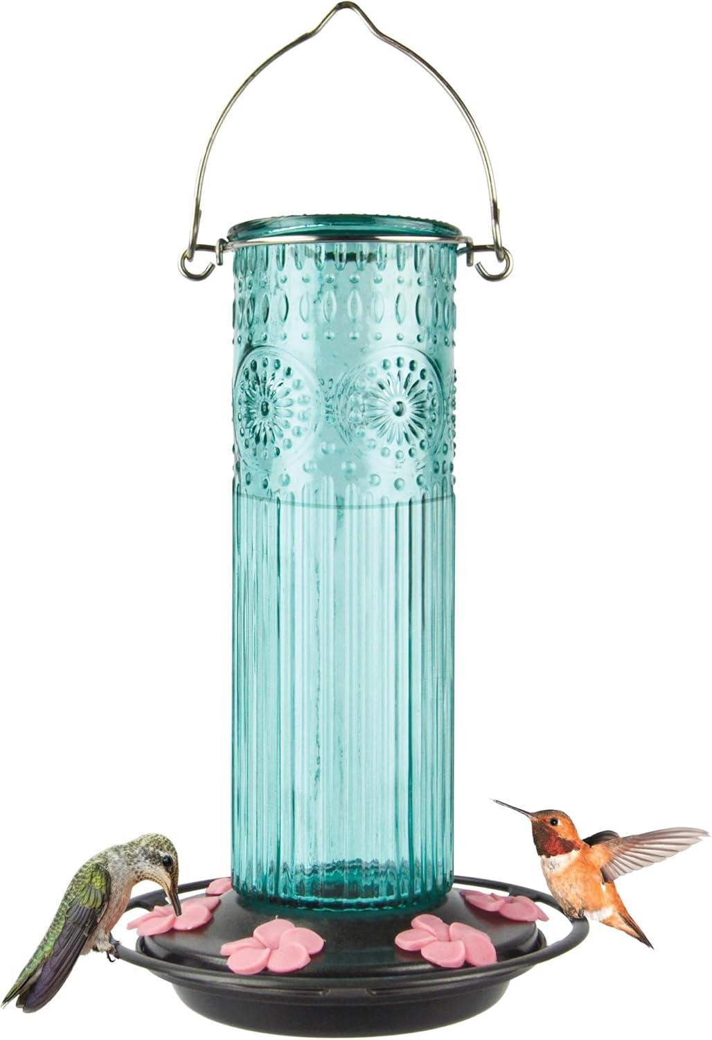 Teal Antique Glass Hanging Hummingbird Feeder with Pink Ports