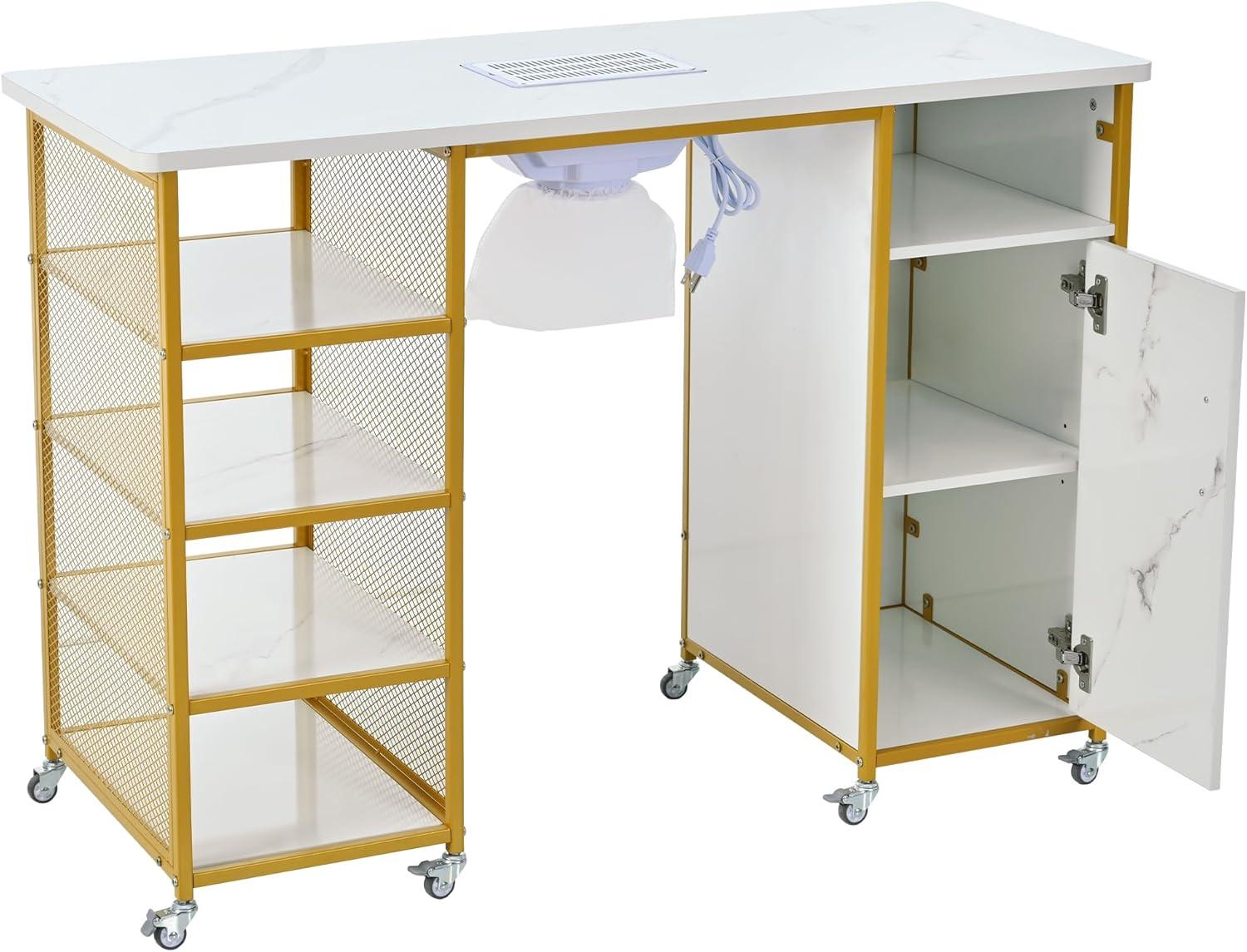 Manicure Table, Marbling Texture Nail Table with Electric Downdraft Vent, Wrist Cushion, Lockable Wheels, Storage Layers, Storage Cabinet Nail Station