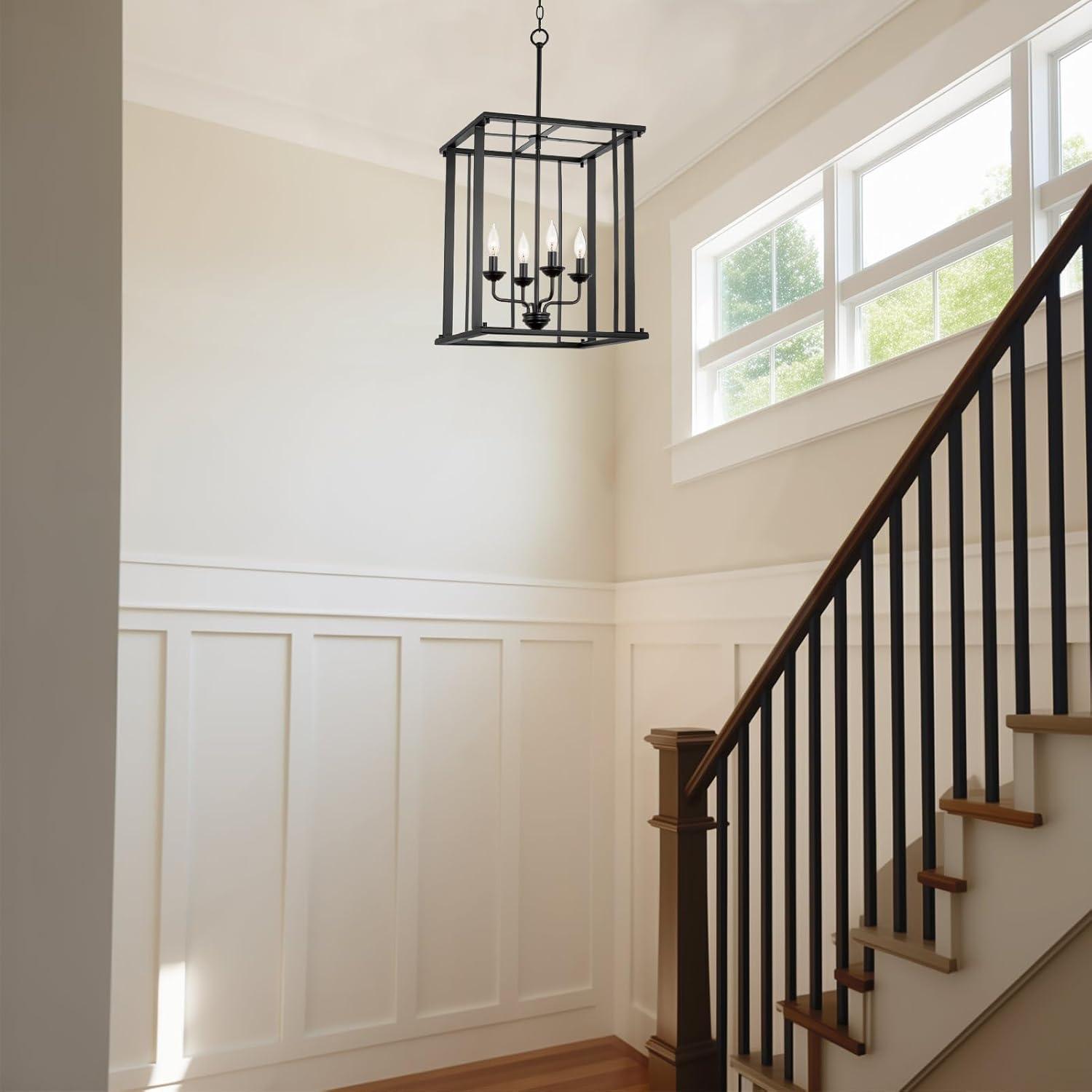 Kira Home Samson 32 " Farmhouse Lantern Cage Pendant Light, Open Frame Design, Adjustable Foyer Chandelier, Black