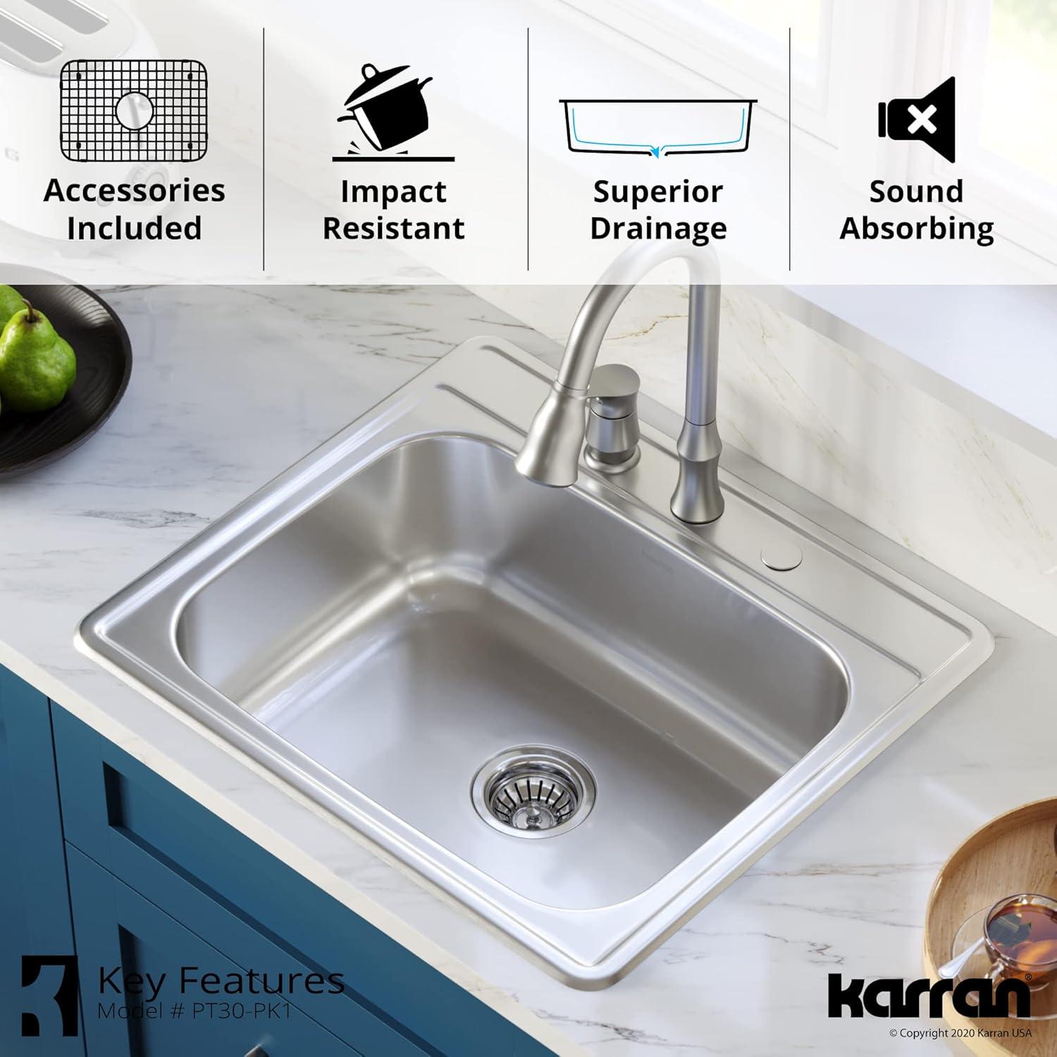 Karran 18-Gauge Stainless Steel 25'' X 22'' Single Bowl Drop-in Kitchen Sink Kit