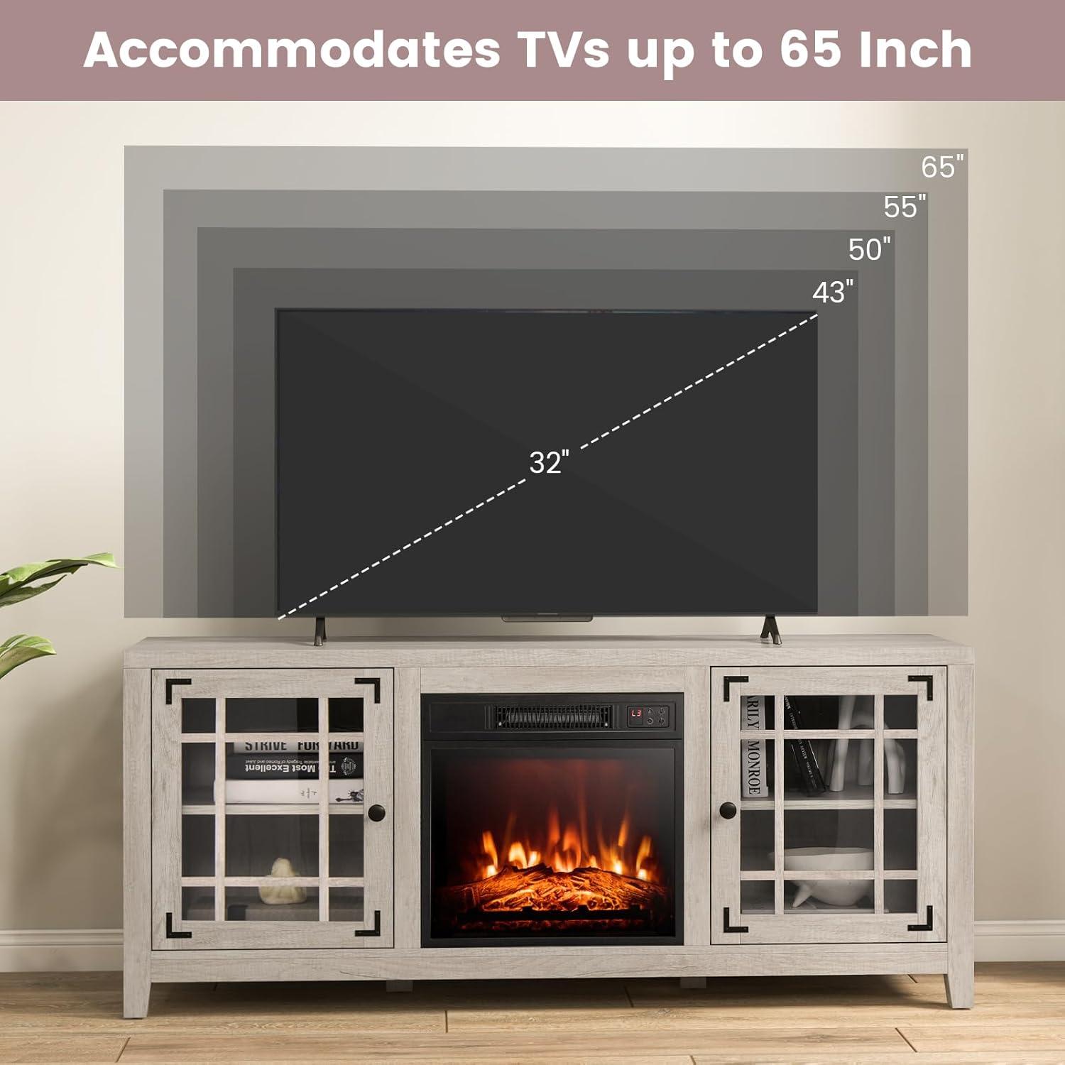 Natural Wood 58" Fireplace TV Stand with Adjustable Shelves