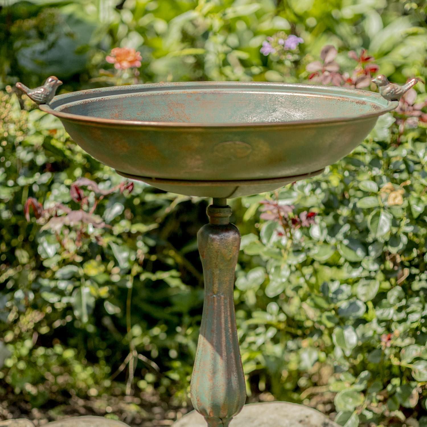 Zaer Ltd. Ornate Pedestal Style Birdbath with Cast Iron Birds on Rim Full Base (Bronze)