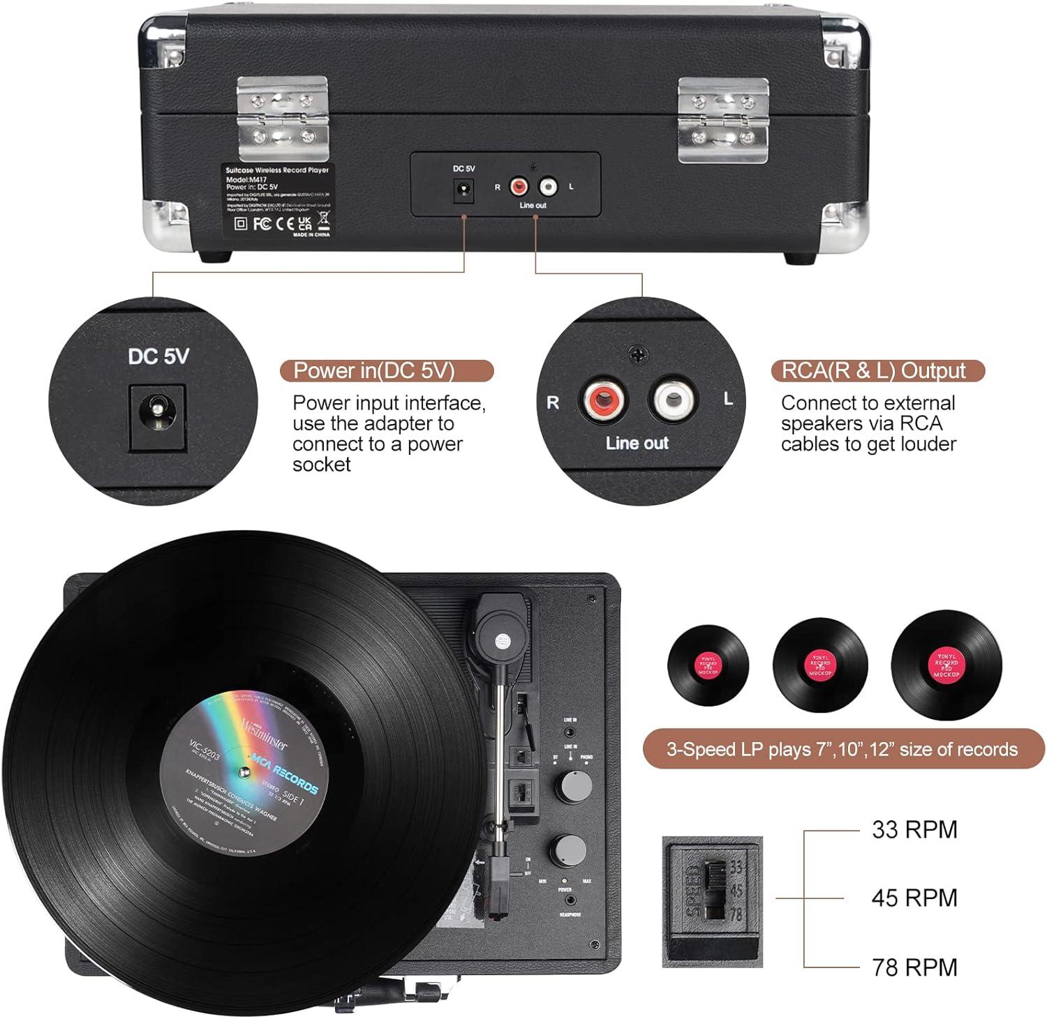 DIGITNOW Bluetooth Record Player 3 Speeds Turntable with Built-in Stereo Speakers, Suitcase Design - Black