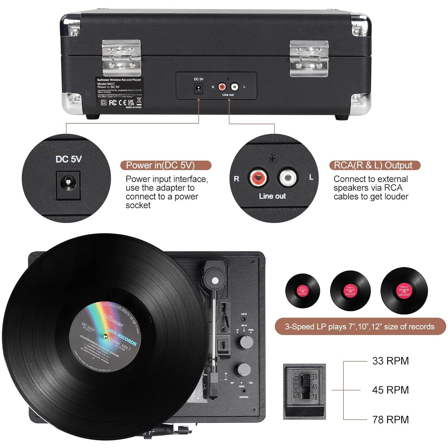 DIGITNOW Bluetooth Record Player 3 Speeds Turntable with Built-in Stereo Speakers, Suitcase Design - Black