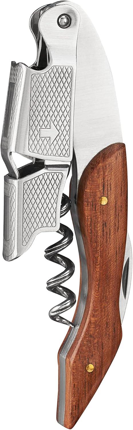 True Sommelier Waiter Corkscrew Spring Loaded Double Lever Wine Opener Waiters Bartender Accessory, Stainless Steel and Wood, Set of 1