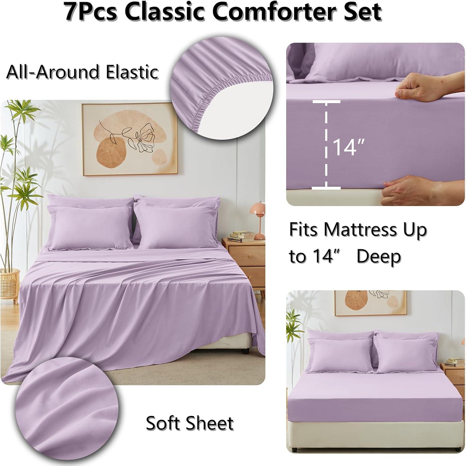 Cozy Comfort Light Purple Queen Comforter Set - 7 Pieces Reversible Queen Bed in a Bag, Queen Bed Set Light Purple and Grey with Comforters, Sheets, Pillowcases & Shams