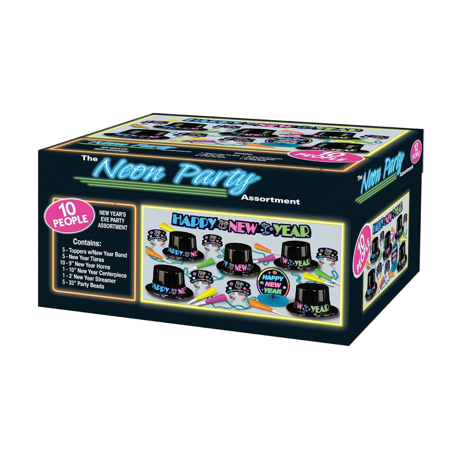 Neon New Year's Party Kit for 10 with Hats and Horns