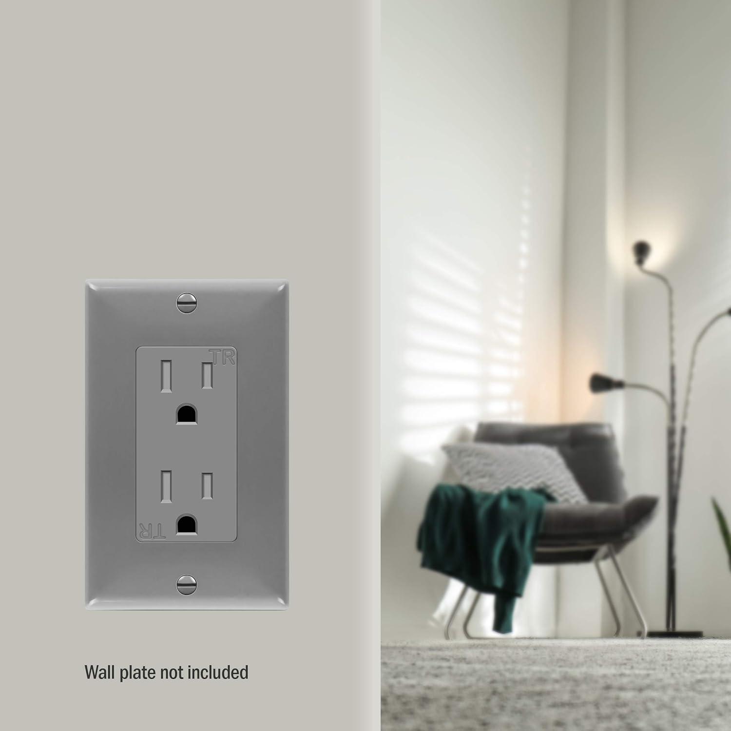 Gray Tamper-Resistant Decorator Receptacle Outlet with Wall Plate