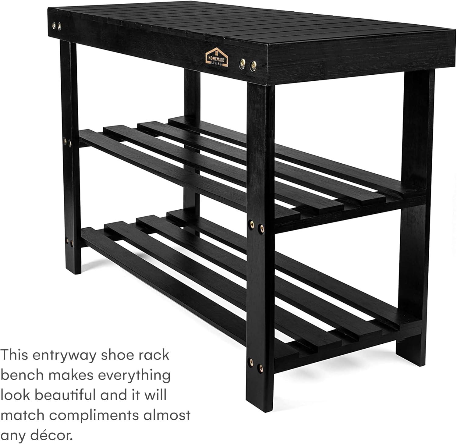 Homemaid Living Bamboo 3 Tier Shoe Rack Bench, Premium Shoe Organizer or Entryway Bench, Perfect for Shoe Cubby, Entry Bench, Bathroom Bench, Entryway Organizer, Hallway or Living Room(Black)
