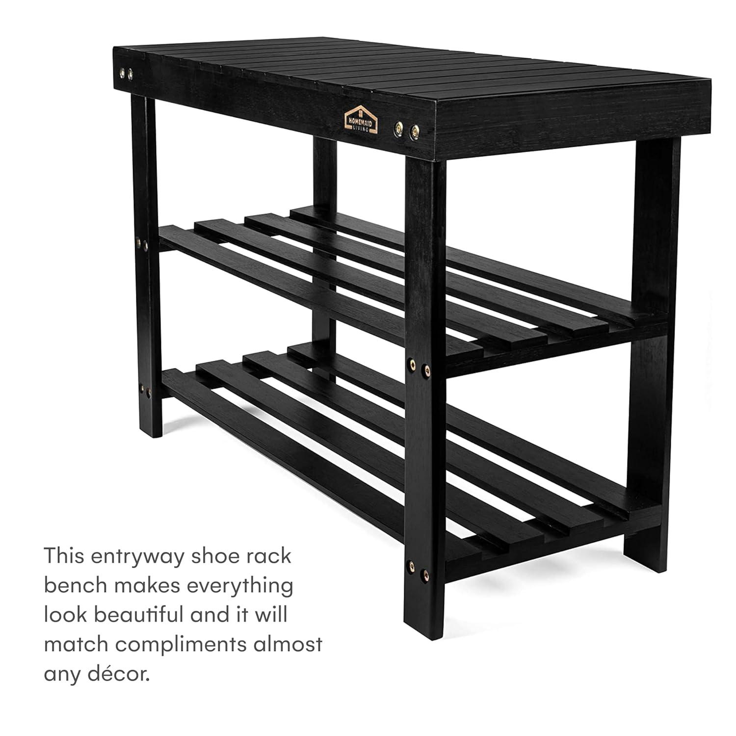 Homemaid Living Bamboo 3 Tier Shoe Rack Bench, Premium Shoe Organizer or Entryway Bench, Perfect for Shoe Cubby, Entry Bench, Bathroom Bench, Entryway Organizer, Hallway or Living Room(Black)