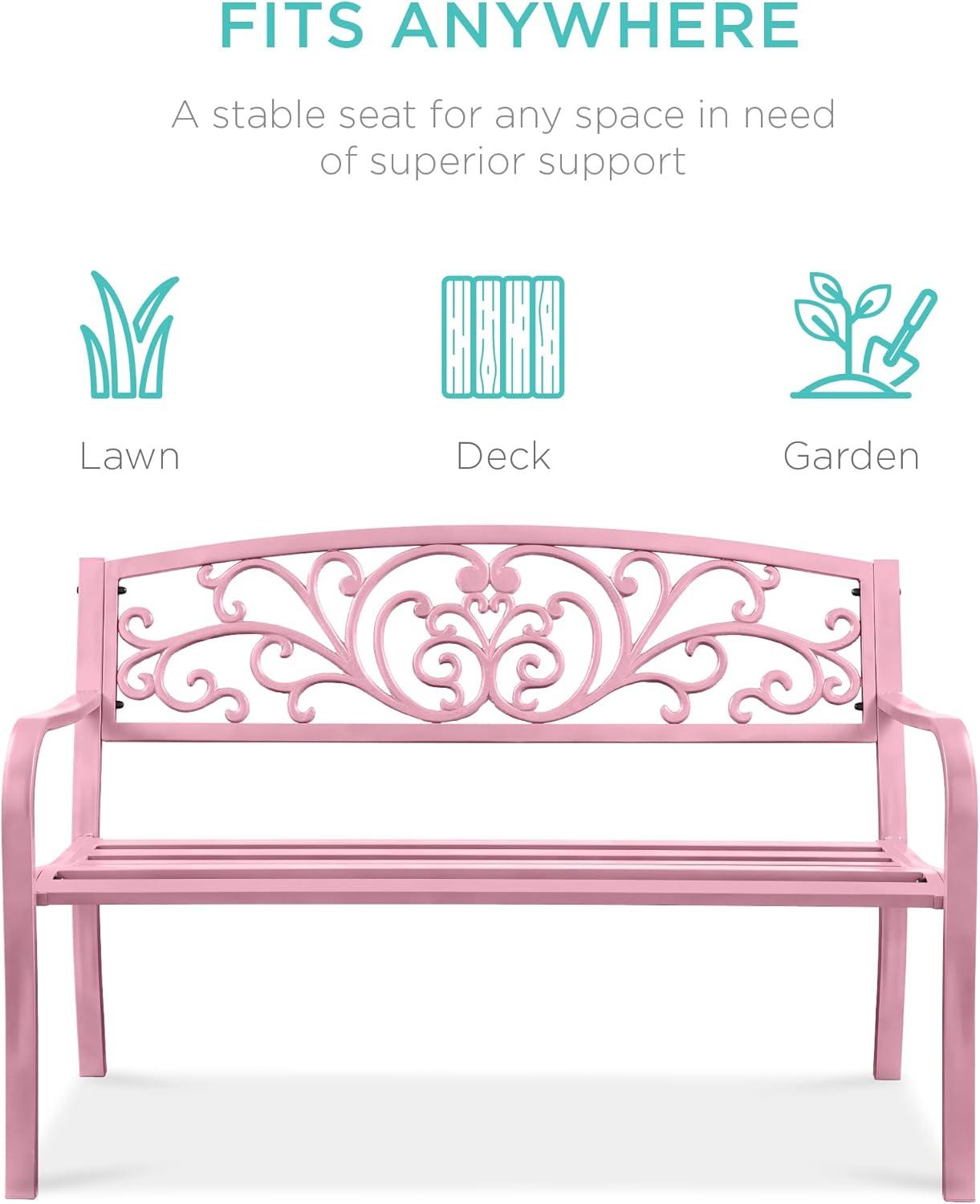 World Menagerie Outdoor Steel Bench with Floral Backrest & Slatted Seat, Marigold for Garden, Patio, Porch, Lawn, and Deck