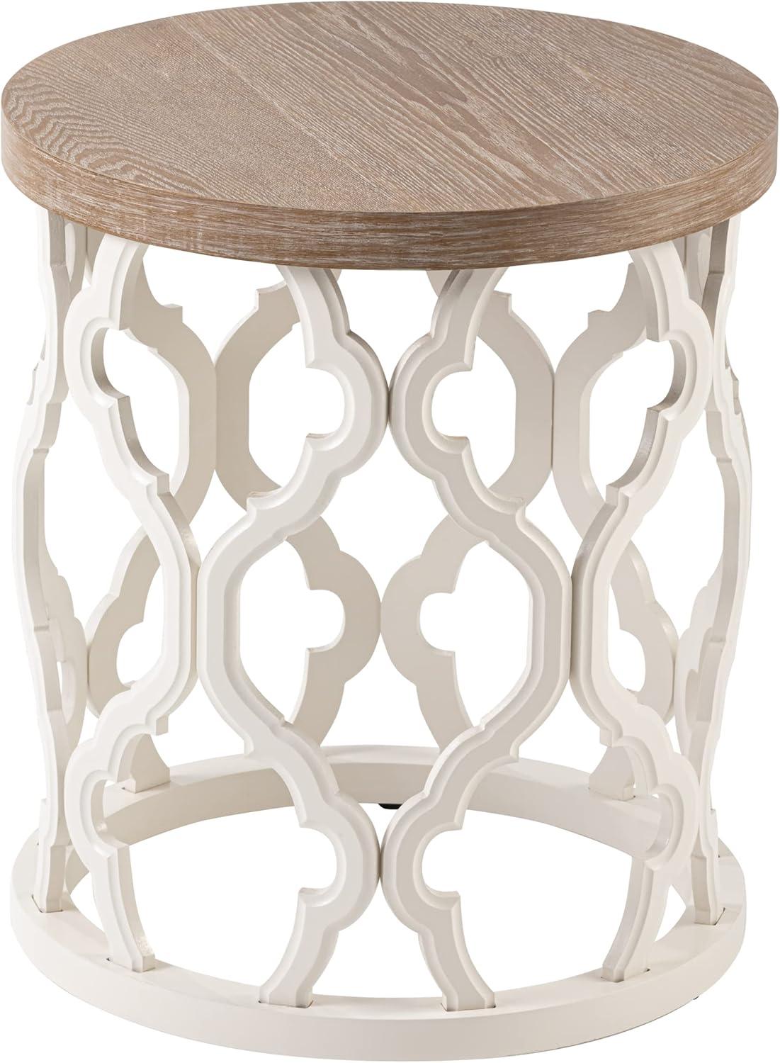 COZAYH Mesa Auxiliar Rústica Mesa Auxiliar con Tapa de Madera Desgastada y Base de Marco con Motivo Curvo para Decoración Boho, de Granja, Redonda, Natural