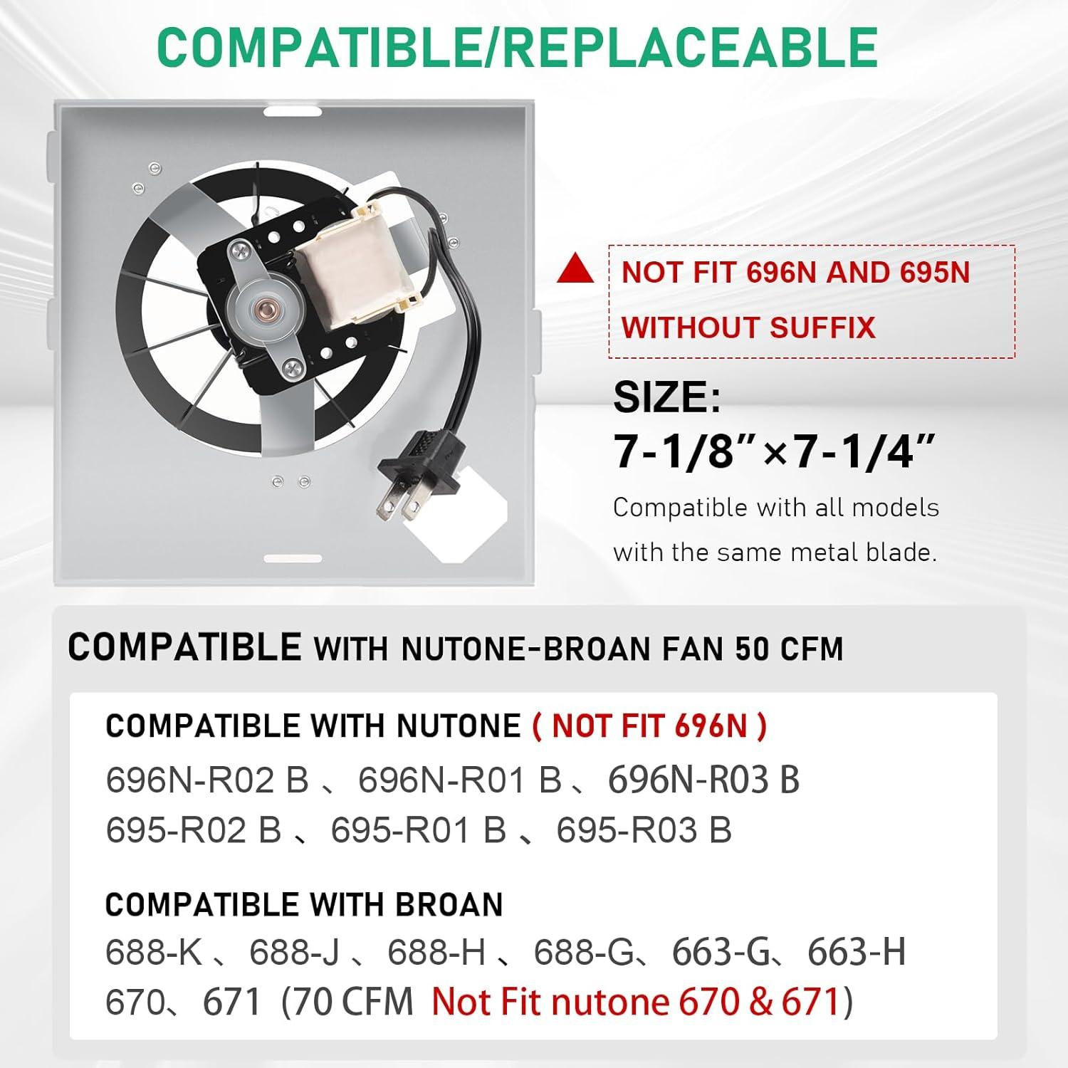 【Upgraded Copper Motor】 696N-R02 B Unit 50CFM Fan Compatible with Broan-Nutone 688-K 688-J 688-H 688-G 695N-R02 B, 696N-R01 B, 695N-R02 B,2.0 Sones,S97012026 Fan Assembly