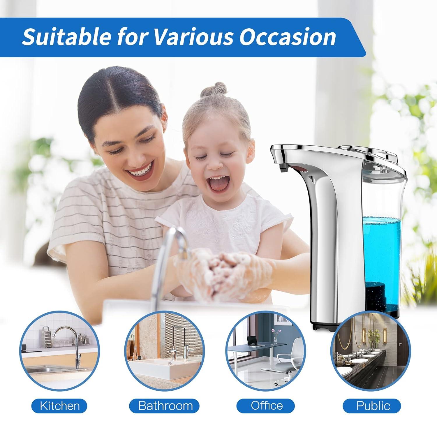 FKWin Automatic Soap Dispenser, Touchless Hand Soap Dispensers 17oz/500ml with 5 Adjustable Soap Levels, Kitchen Soap Dispensers, Liquid Hand Soap Dispenser Bathroom, Silver