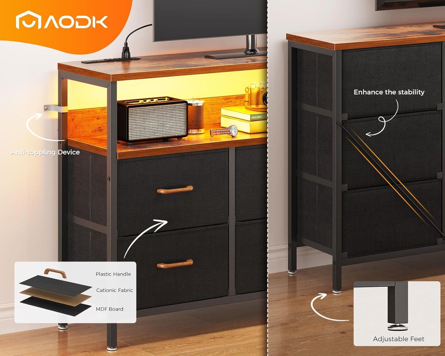 52-Inch Black and Brown Alloy Steel Dresser with LED Lights and Charging Station