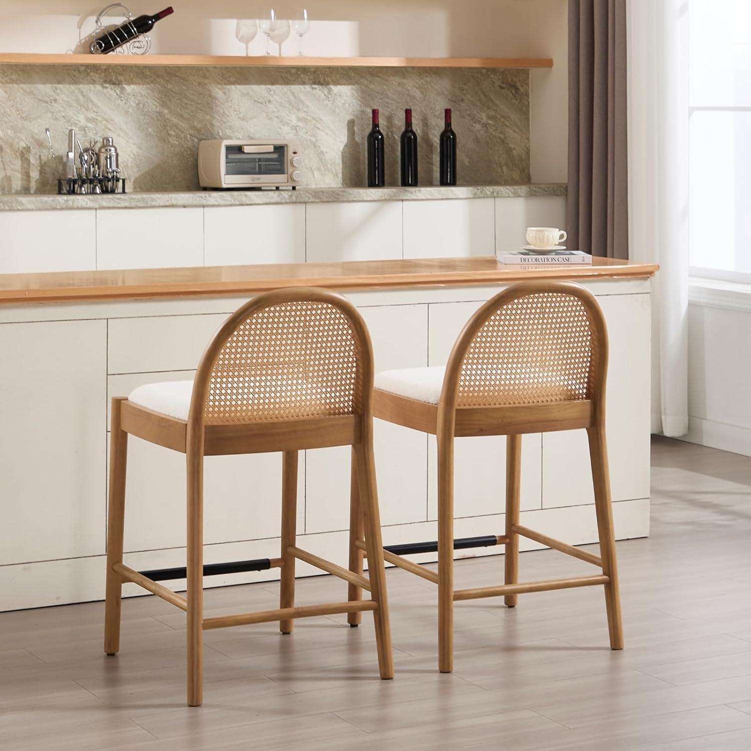 Bayou Breeze Emington Modern Bar Stools Counter Height Bar Stools with Rattan Backrests and Wood Frame (Set of 2)