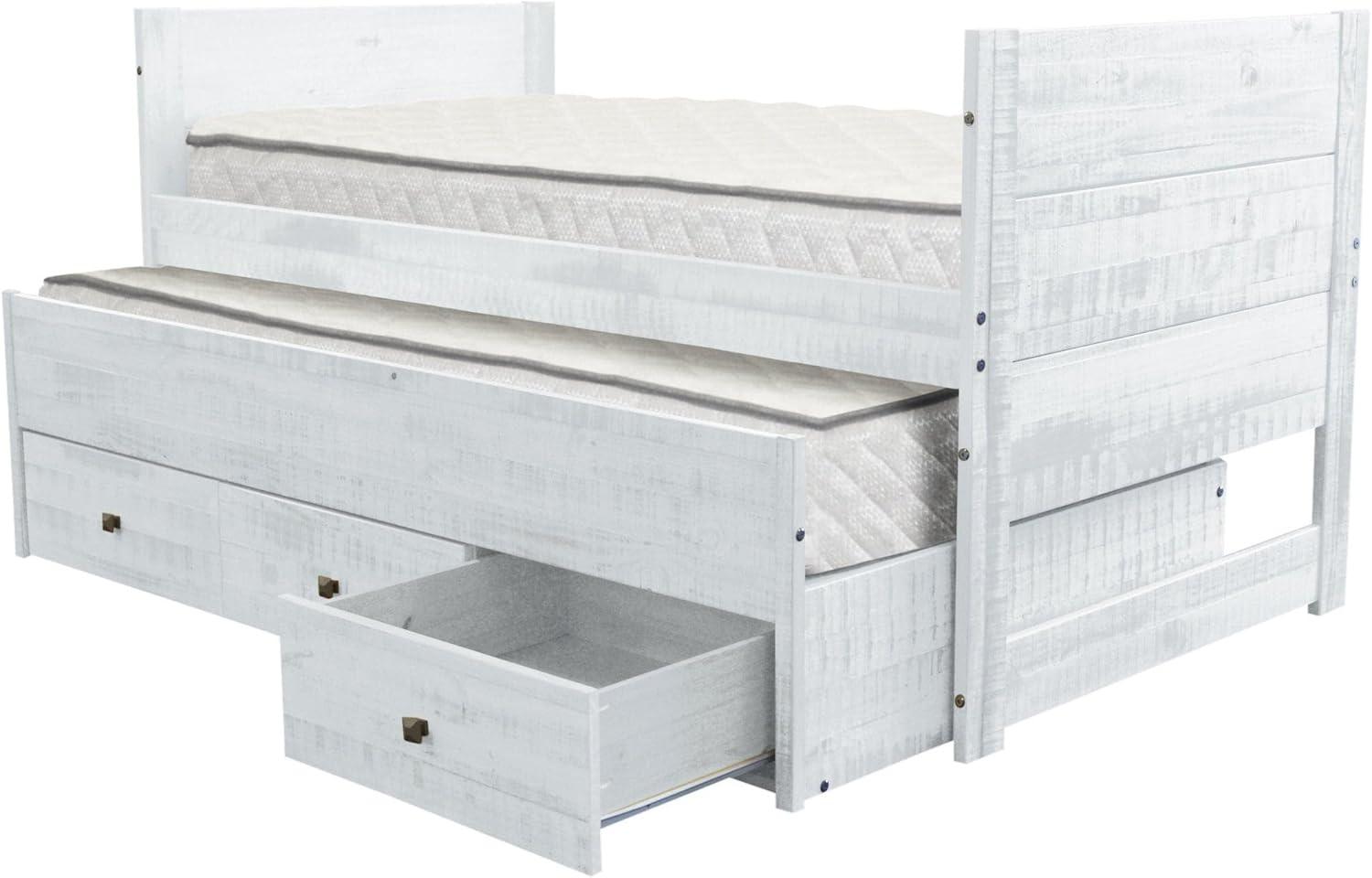 Rustic White Twin Wood Frame Bed with Trundle and Storage Drawers