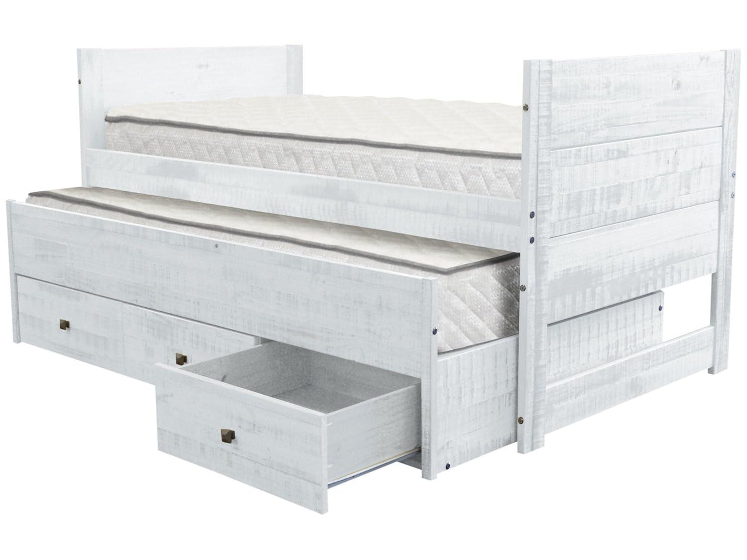 Bedz King Twin Captains Bed with Trundle and 3 Built in Drawers, Rustic White