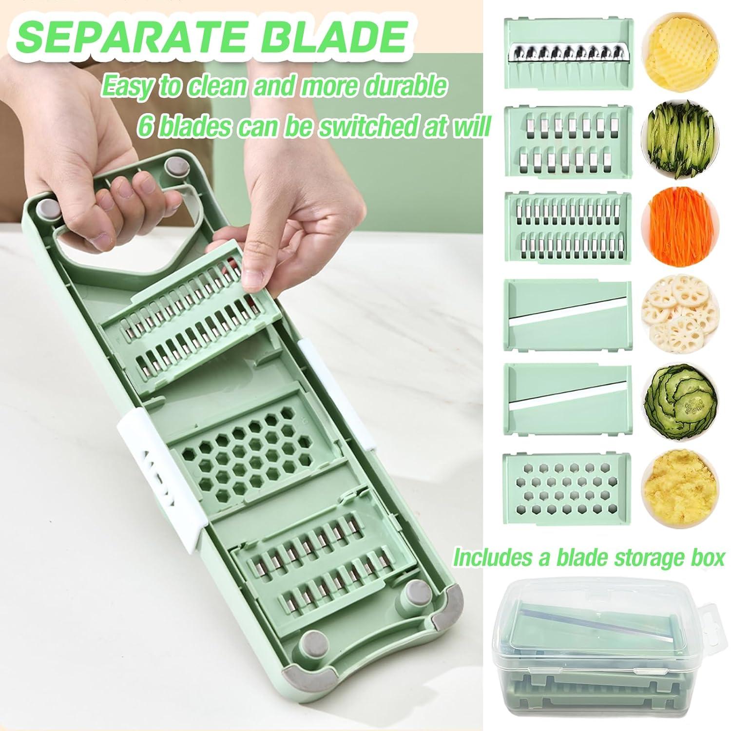 Vegetable Chopper, 7 in 1 Mandoline Food Slicer Cutter with Handheld Container, 6 Blades and Blade Box, Cheese Grater, Cucumber Slicer, Magnetic Kitchen Tools for Veggie Potato Onion Butter Carrot