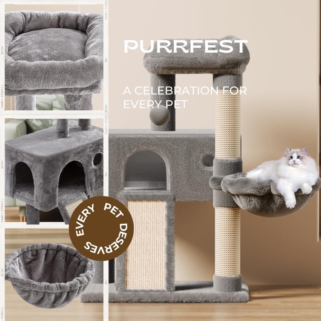 36" Small Cat Tower With Hammock, Sisal Scratching Posts, And Ramp, Perfect For Indoor Cats