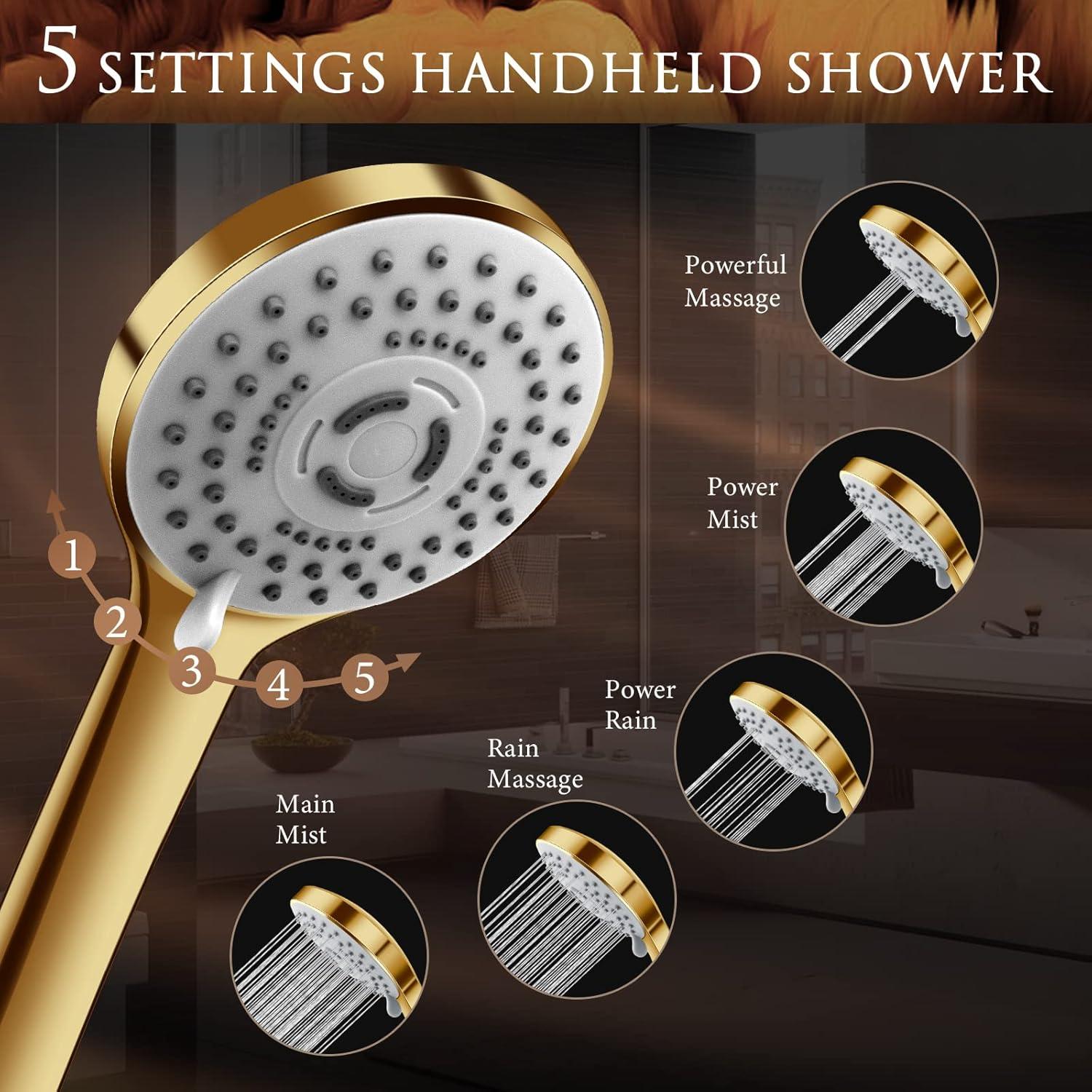 12'' Shower Head with Handheld, High Pressure Rainfall Shower Head Combo with 11'' Adjustable Extension Arm, 5 Setting Hand Held Shower Head with 60 Inch Shower Hose. Anti-Leak (Gold)
