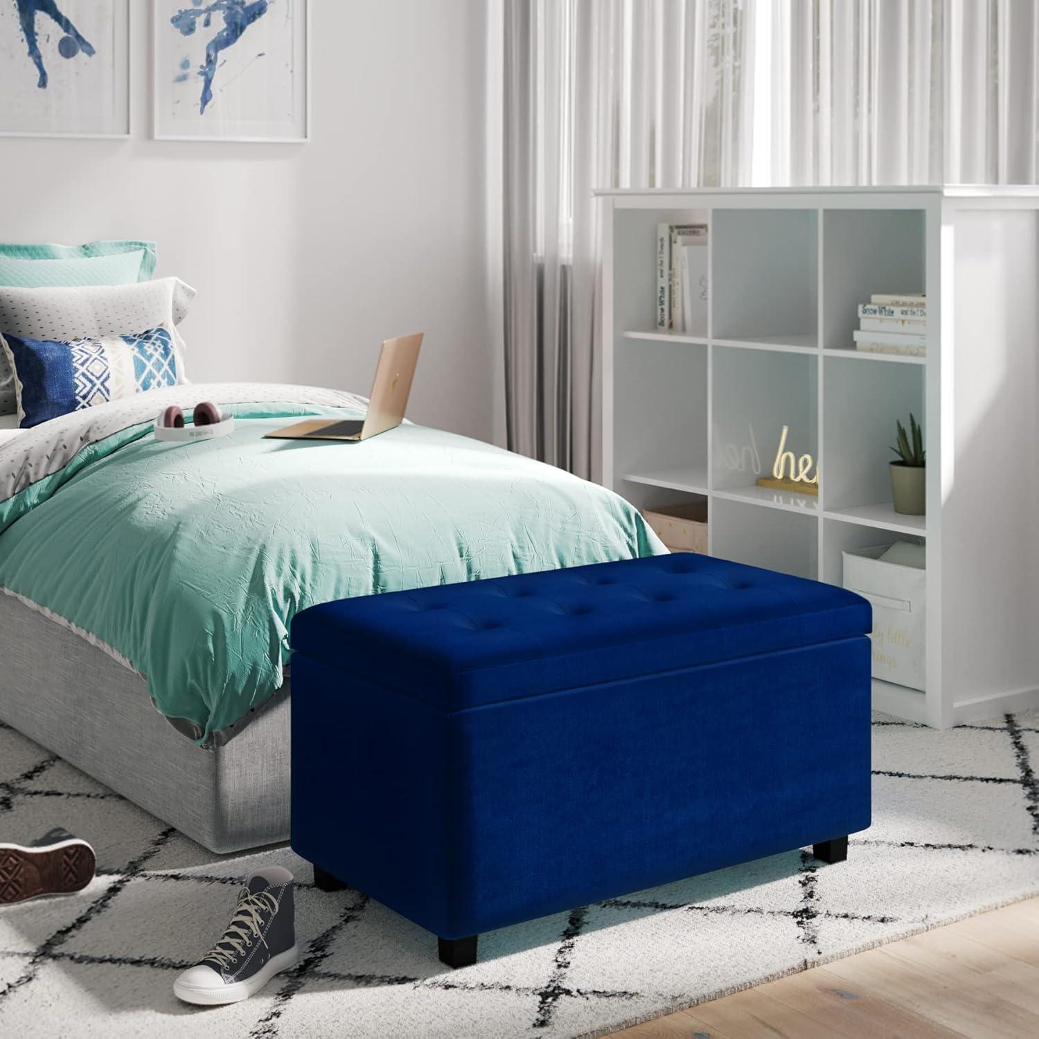 Blue Velvet Tufted Storage Ottoman with Solid Wood Frame