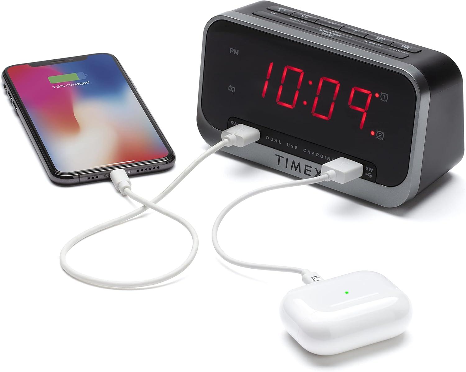 Timex Dual Alarm Clock with Dual USB Charging and Nightlight