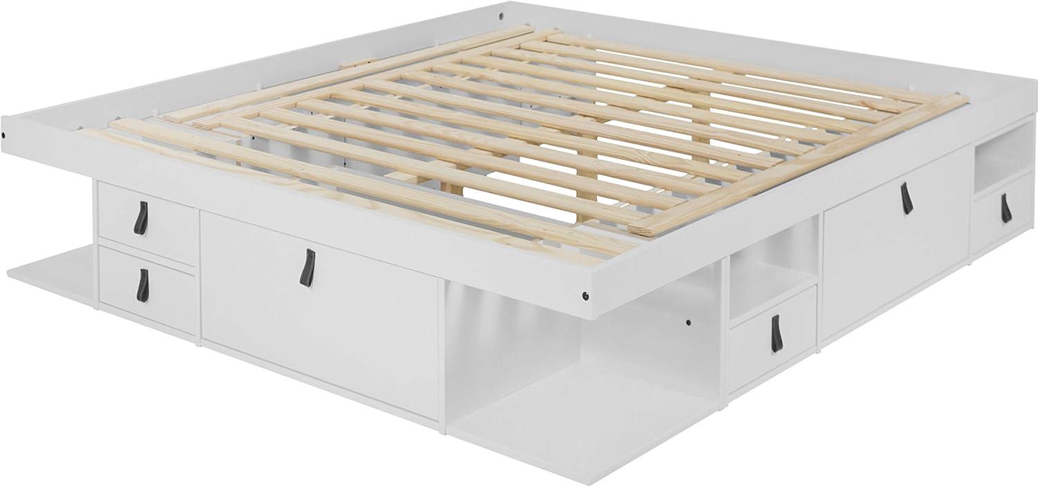 Memomad Bali Storage Platform Sturdy Bed Frame with Drawers & More (King Size, White Wood)