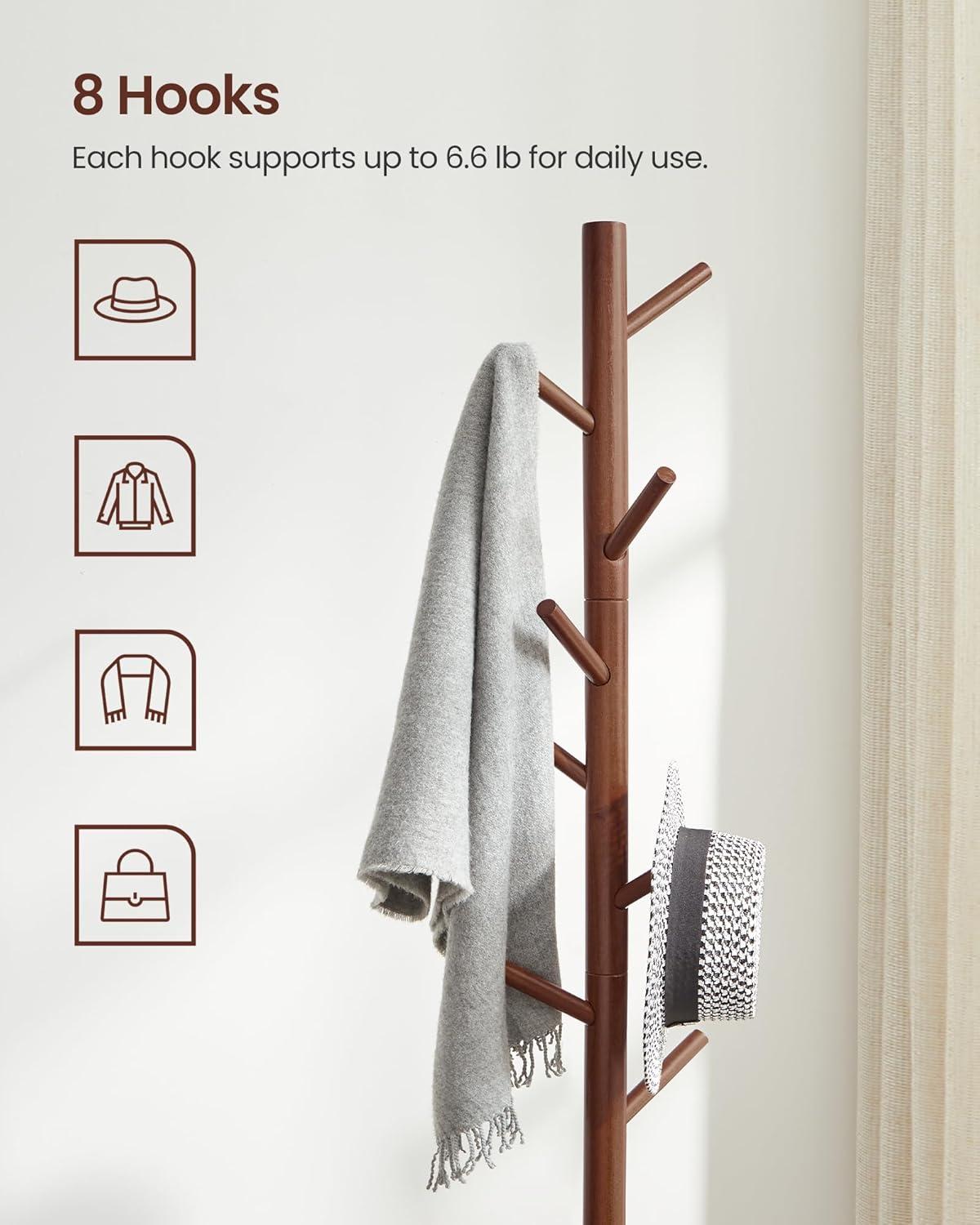 VASAGLE Coat Rack Solid Wood Free Standing Coat Rack Tree-Shaped Coat Rack with 8 Hooks for Clothes Hats Bags for Living Room Bedroom Dark Walnut