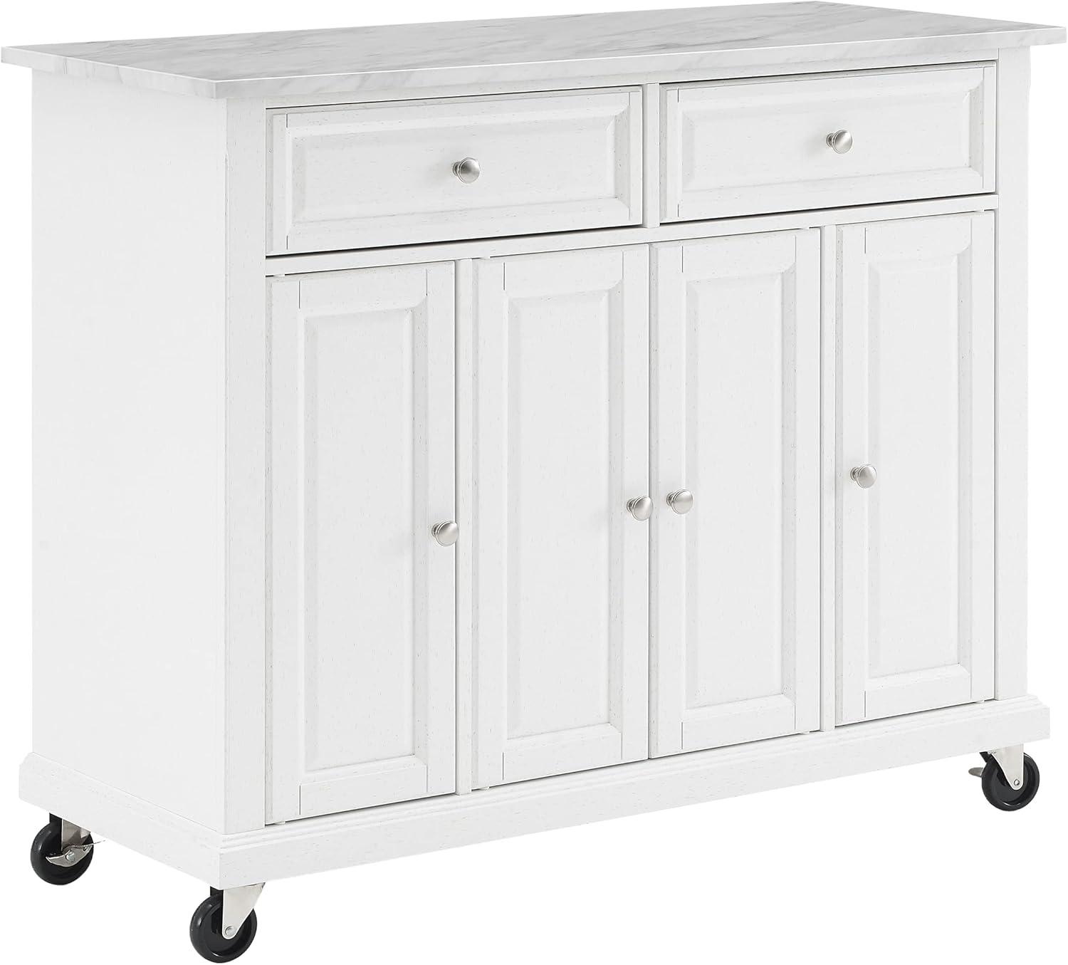 Avery Kitchen Island/Cart Distressed White/White Marble - Crosley: Adjustable Shelves, Particle Board Frame, 6 Shelves, 2 Drawers