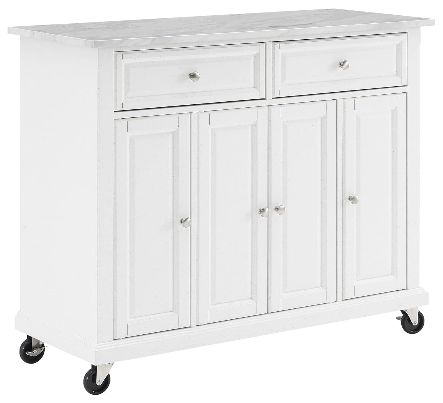 Avery Kitchen Island/Cart Distressed White/White Marble - Crosley: Adjustable Shelves, Particle Board Frame, 6 Shelves, 2 Drawers