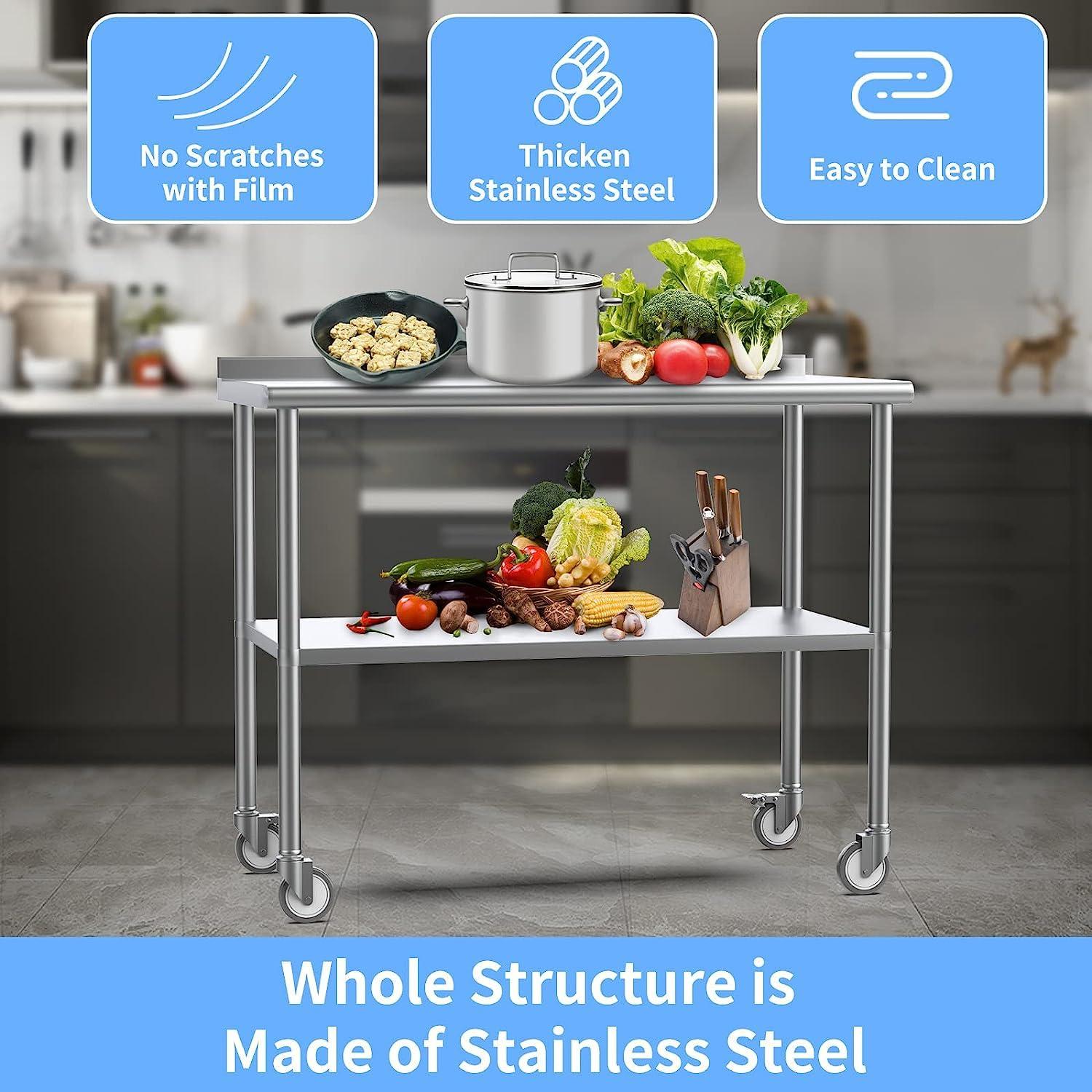 ROVSUN 36'' x 24'' Stainless Steel Table with Backsplash, Pre Work Table Metal Table for Kitchen Restaurant Home