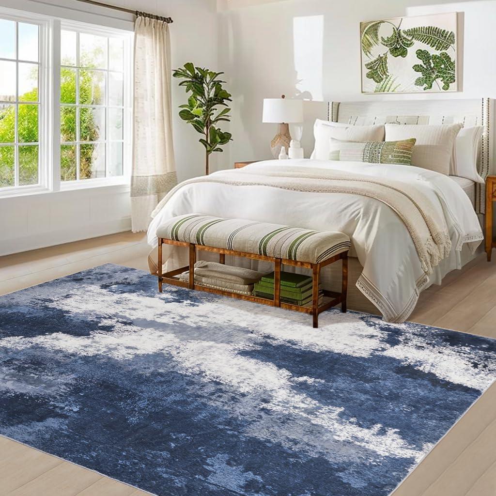 Garvee 5'x7' Modern Blue Abstract Area Rug Machine Washable Contemporary Rug Soft Foldable Thin Accent Rug Anti-Slip Non-Shedding Floor Carpet