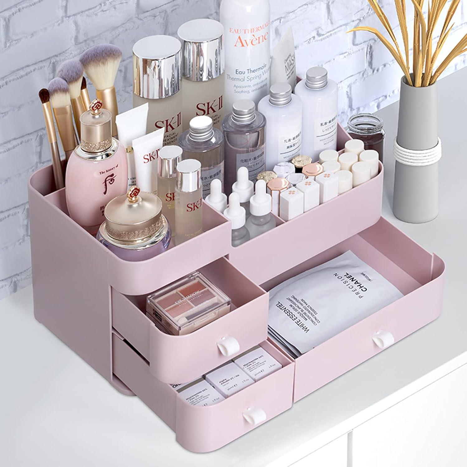 skin care organizer,Makeup Desk Organizer With Drawers,Countertop Organizer for Cosmetics,Vanity brush with Holder for Lipstick, Brushes, Eyeshadow, and Jewelry Desktop Finishing Dresser (White)