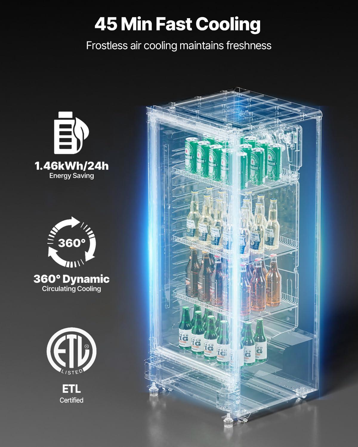 VEVOR Commercial Merchandiser Refrigerator, 5.7 CU.FT Glass Door Display Refrigerator Upright Fridge, Beverage Refrigerator Cooler Merchandiser with 3 Adjustable Shelves and Soft LED Light, Black