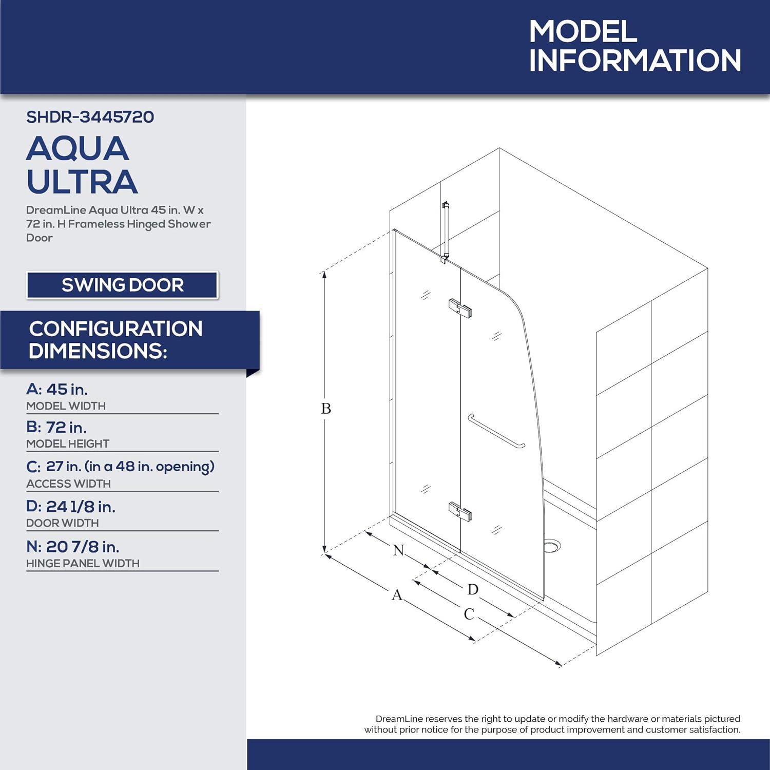 Aqua Ultra 45" W x 72" H Pivot Frameless Shower Door