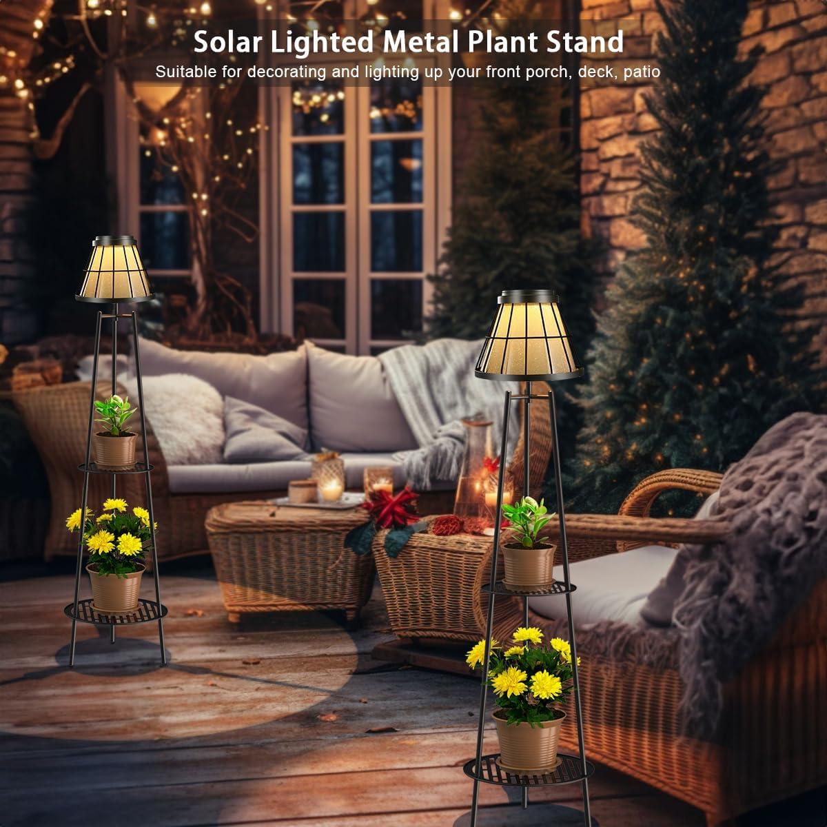 2 Pack 45.5'' Outdoor Floor Lamps with 2 Tier Plant Stand, Solar Powered Metal Waterproof Lights for Patio Deck Yard Garden Porch Decor