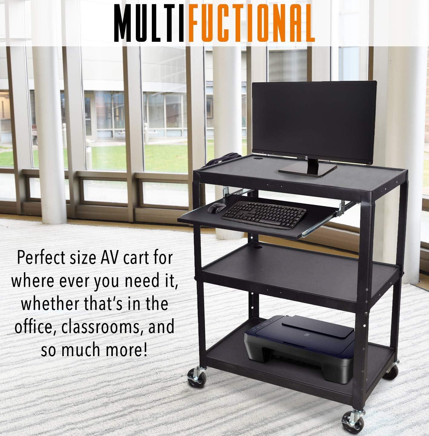 Line Leader Extra Wide AV Cart with Lockable Wheels - Adjustable Shelf Height - Includes Pullout Keyboard Tray and Cord Management (42 x 32 x 20 / Black)