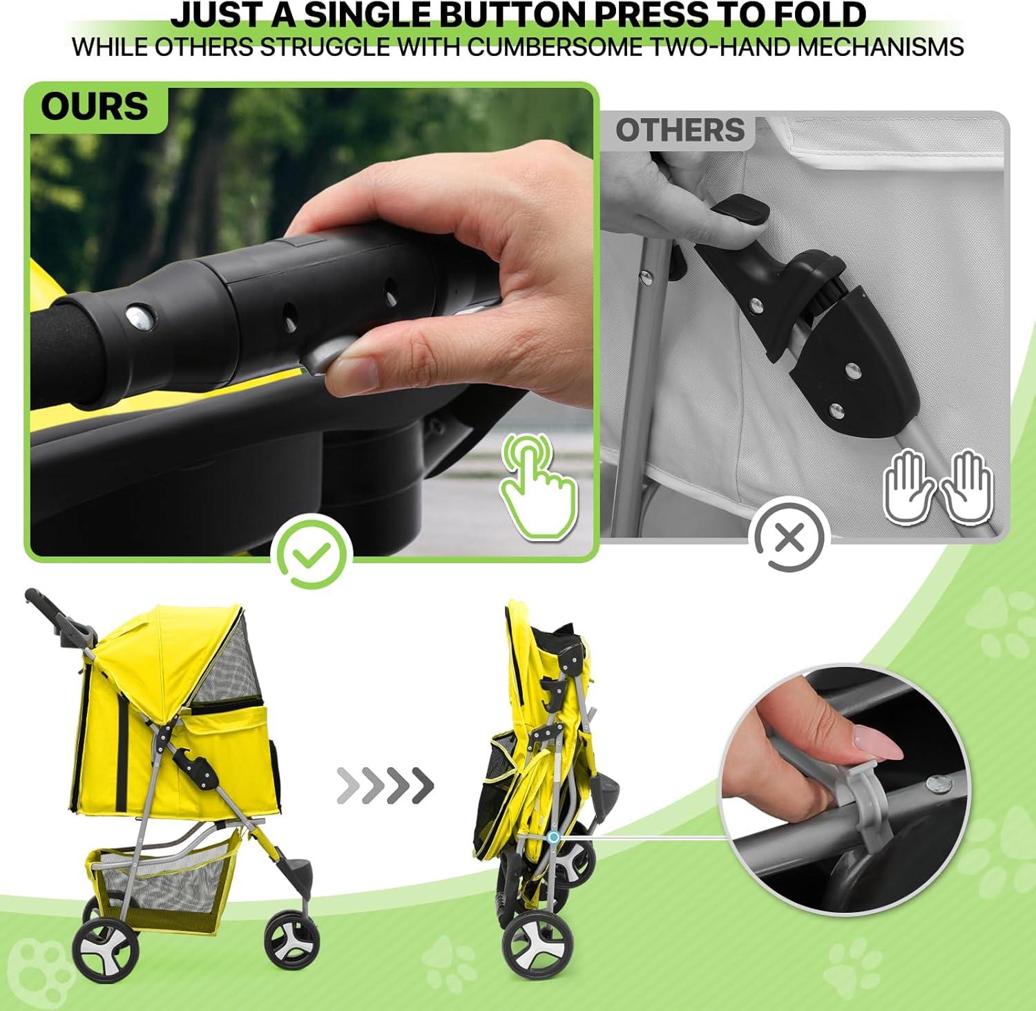 Magshion Pet Dog Stroller with 3 Wheels, Foldable Dog Stroller Carrier Cart with Storage Basket and Cup Holder for Small and Medium Dogs, Yellow