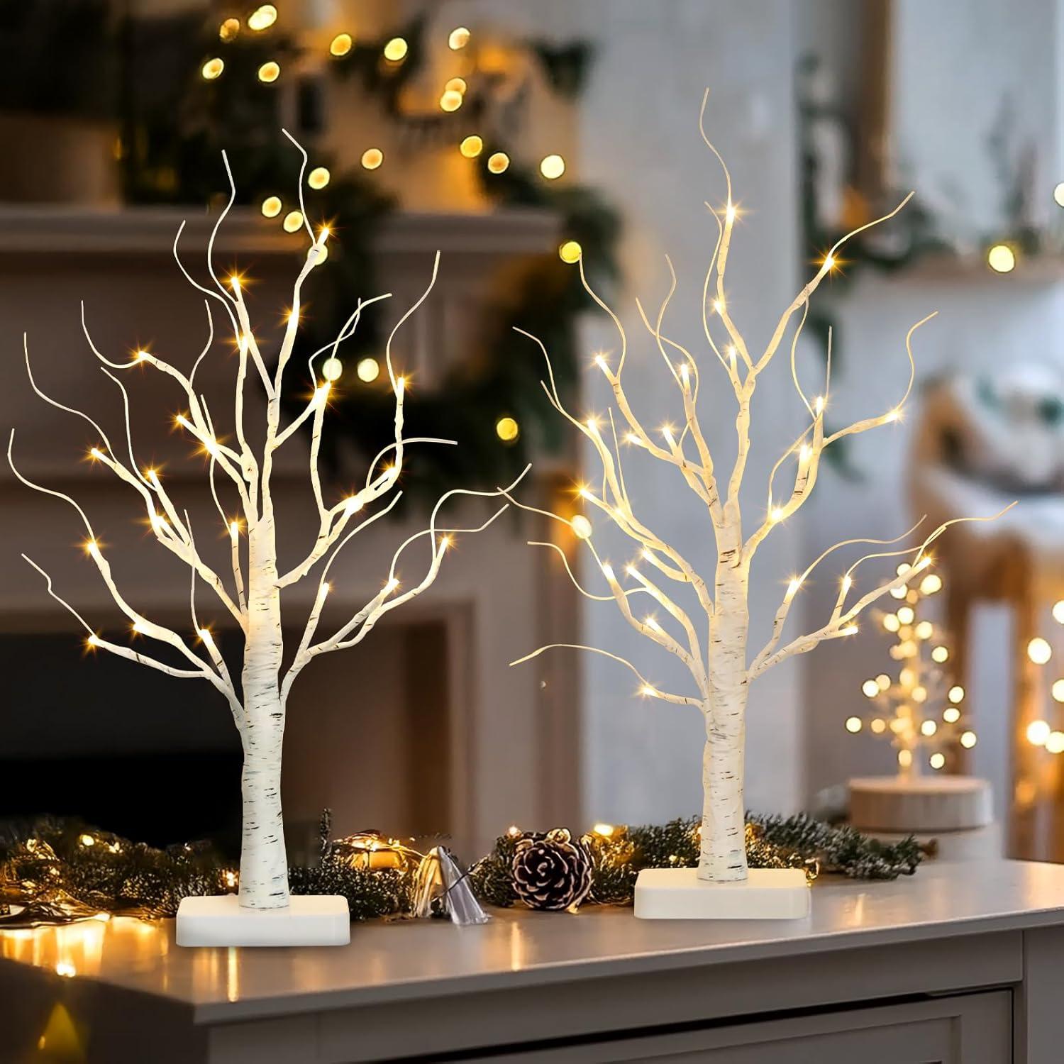 The Holiday Aisle® White Birch Tree With LED Lights - Set Of 2, LED Tabletop Tree With Timer, Christmas Decorations Lighted Tree For Indoor Mantel Home Decor (2 FT, 24 LED)