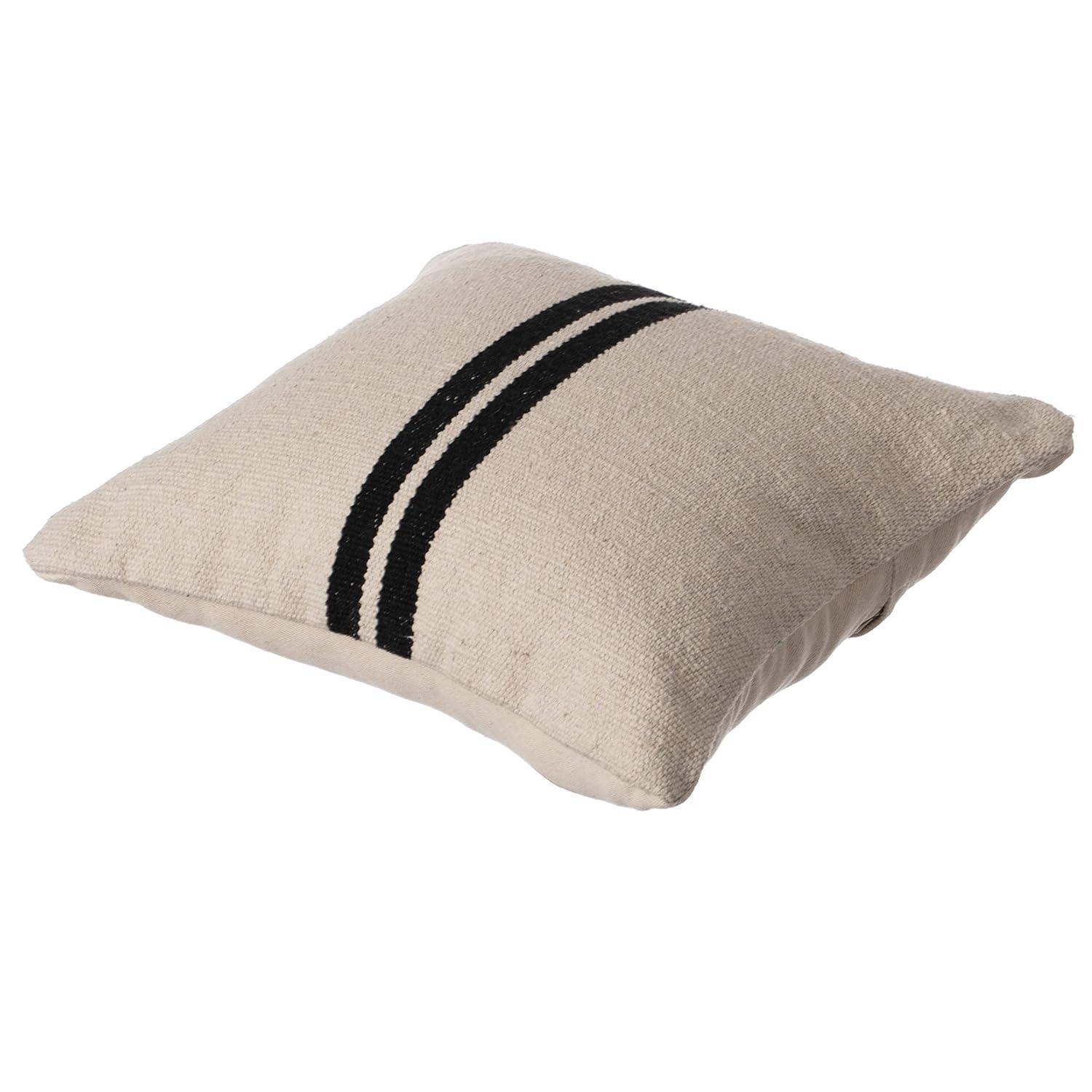 DEERLUX 16" Handwoven Cotton Throw Pillow Cover with Two Center Black Stripes with Filler, Natural