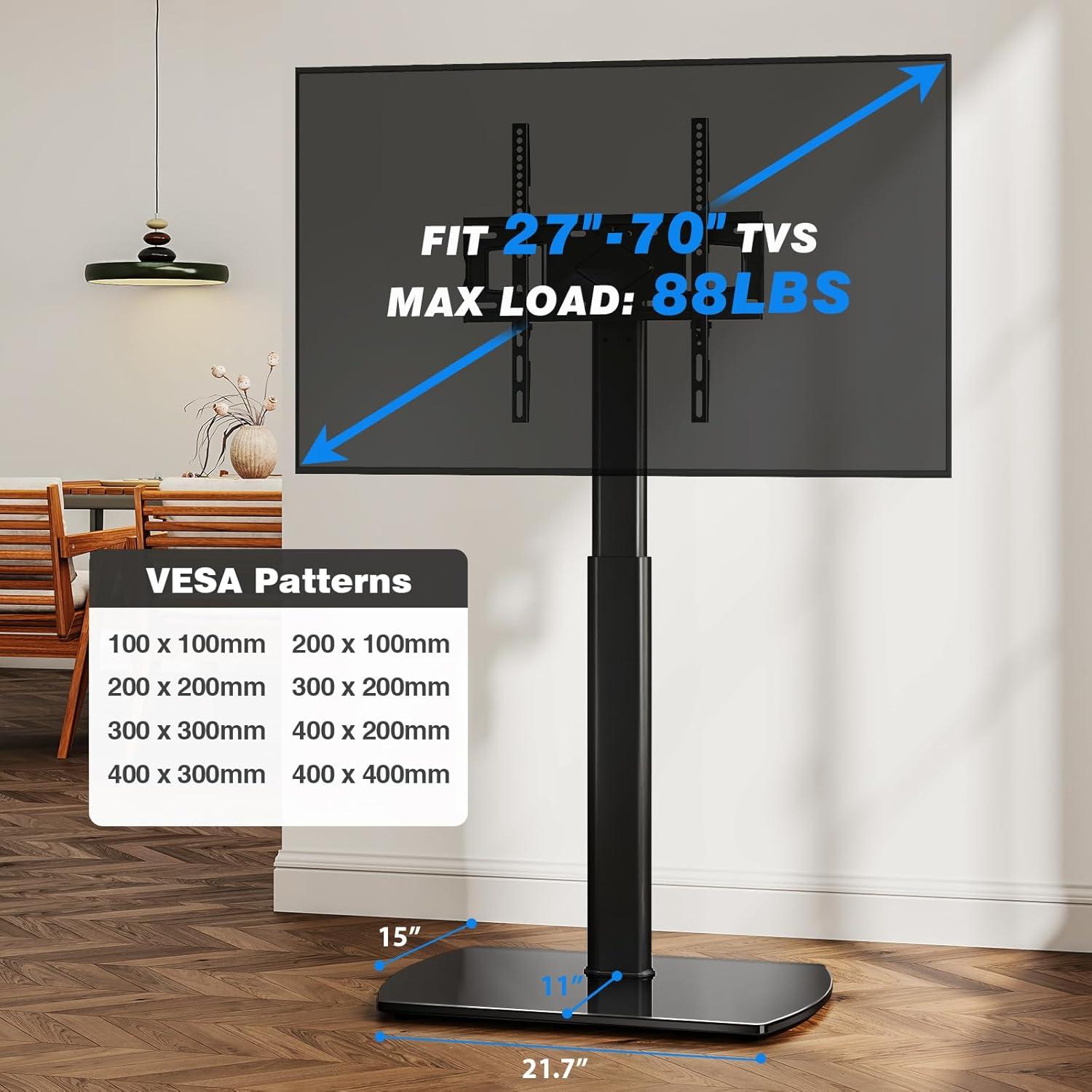 YOMT Universal TV Floor Stand with Mount for 27-70 Inch LCD LED OLED TVs, Swivel Height Adjustable Tall TV Stand, Space Saving Design for Corner Bedroom Living Room, Black