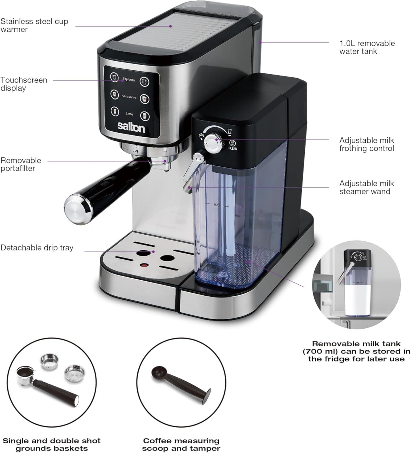 Salton Salton 3-in-1 Espresso, Cappuccino & Latte Machine with Milk Removable Container
