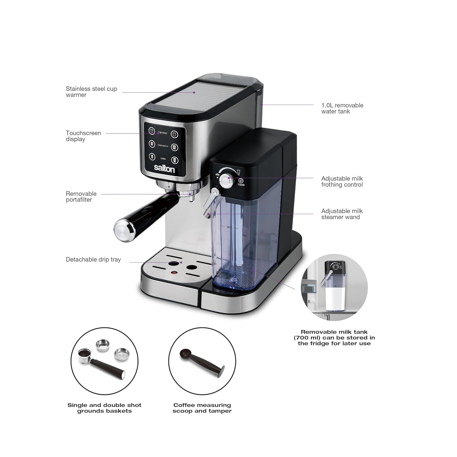 Salton Salton 3-in-1 Espresso, Cappuccino & Latte Machine with Milk Removable Container